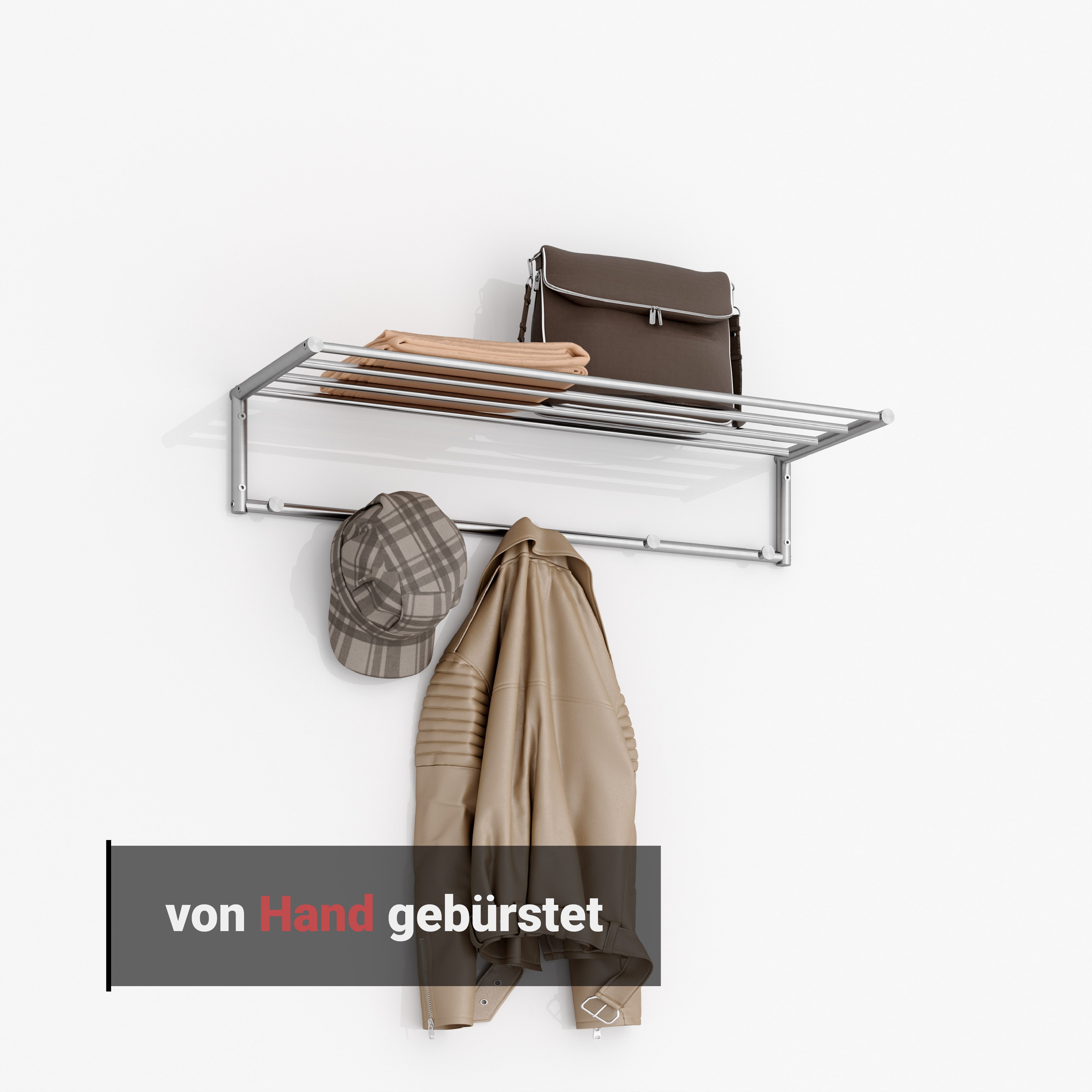 PHOS Design Wandgarderobe Edelstahl, 4 Kleiderstangen inkl. 5 Kleiderhaken