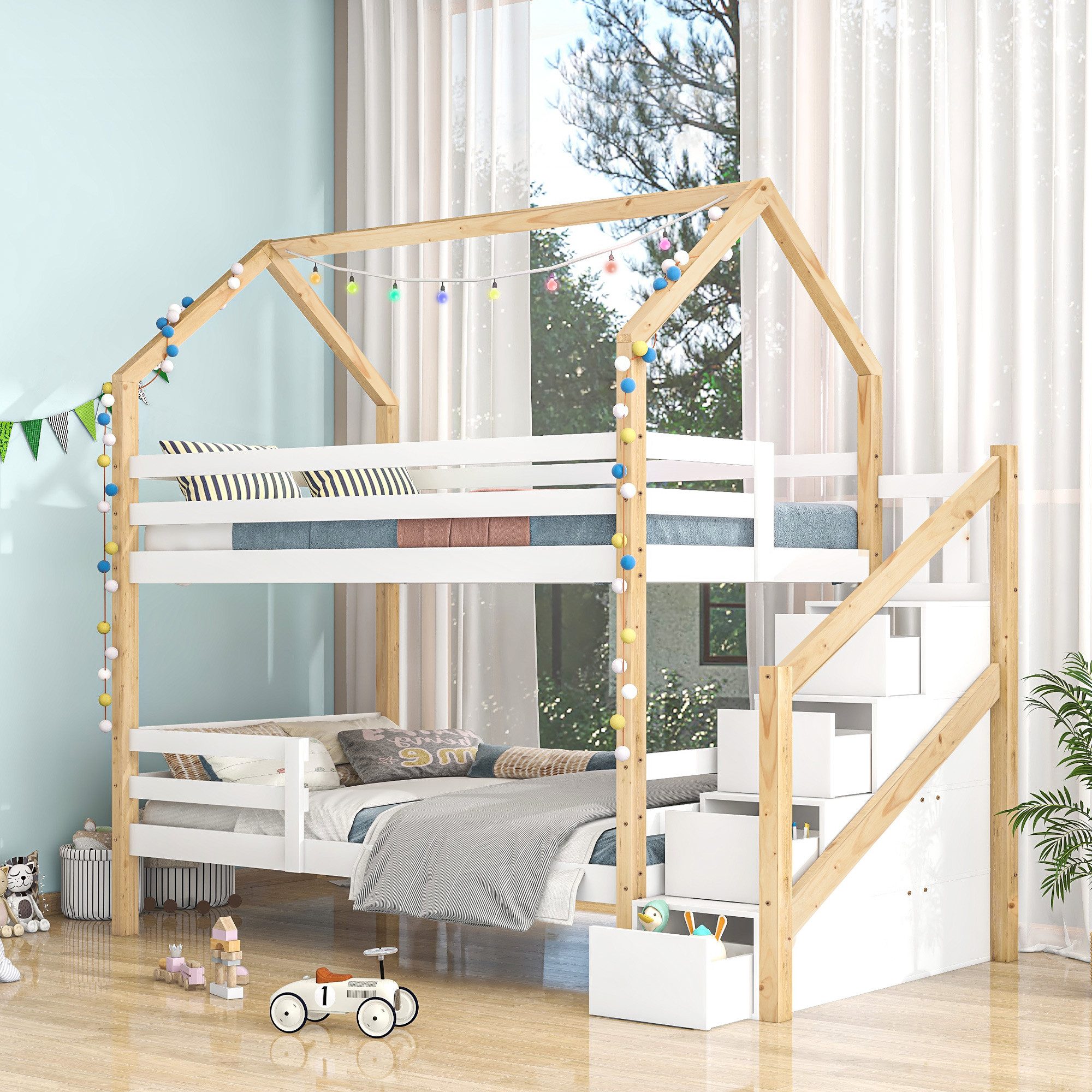 autolock Kinderbett Ins aus dem Bett kommen Doppelbett,Kinderbett in Hausform, Leiterschrank,Kiefernholz Haus Bett for Kids, 90 x 200 cm