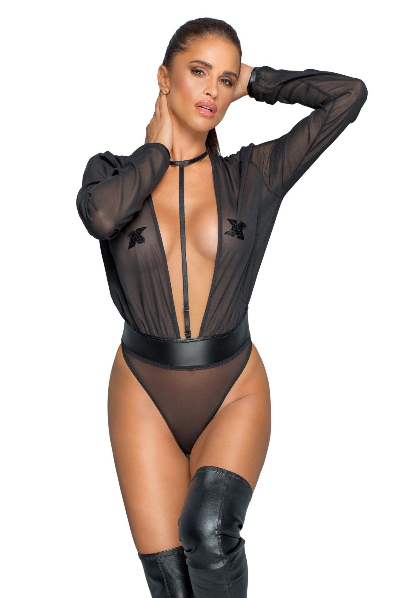 Stringbody Damen Dessous langarm Body mit Blusen Oberteil, verstellbarem Gurt und