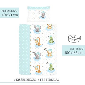 Kinderbettwäsche Zootiere 100x135 + 40x60 cm 2 tlg., 100 % Baumwolle in Biber, Sterne, MTOnlinehandel, Biber, 2 teilig, Babybettwäsche mit Tieren: Elefant Löwe Giraffe Krokodil und Nilpferd