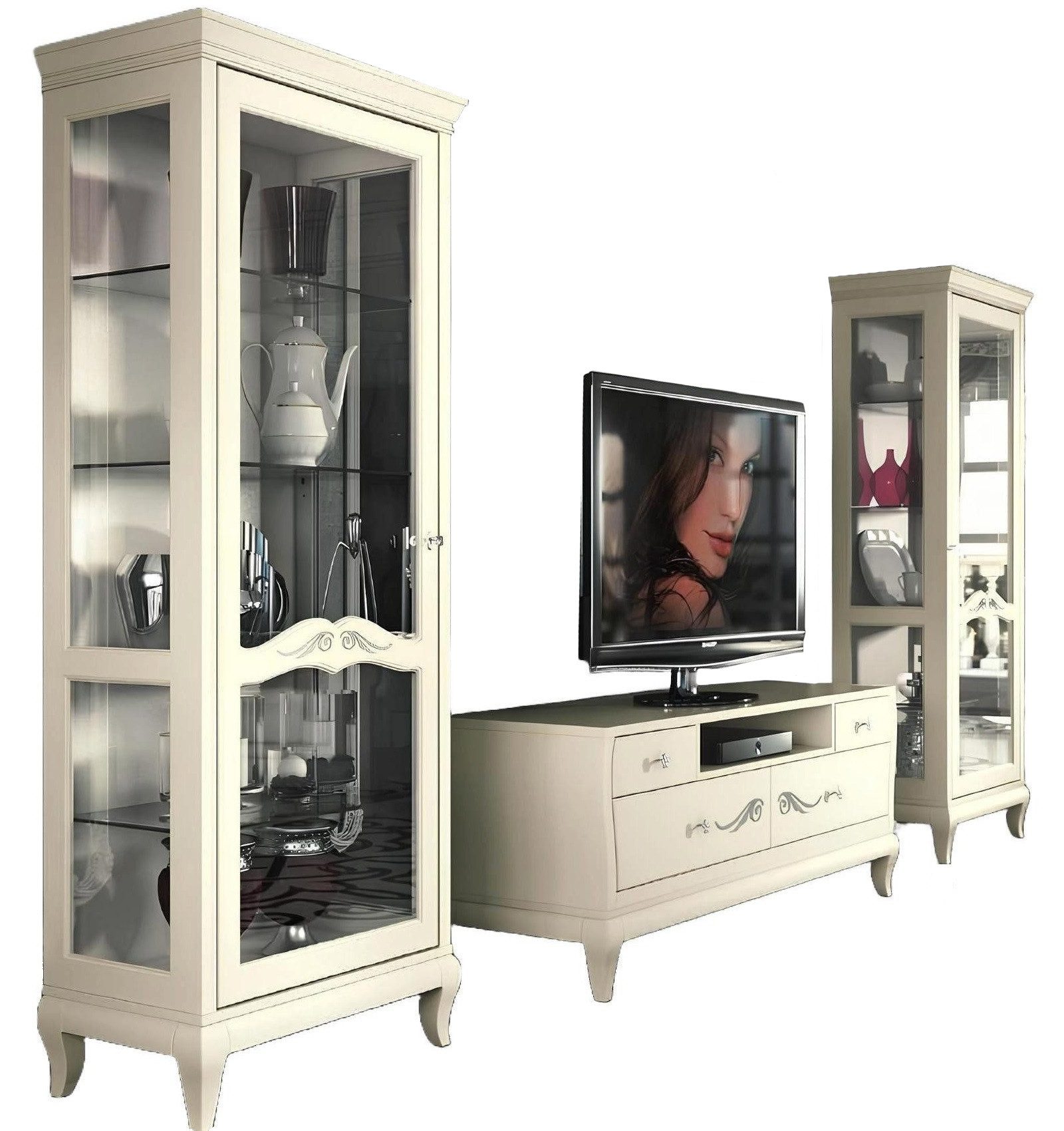Wohnwand Holzmöbel-Set mit TV-Schrank und Vitrine in modernem Design