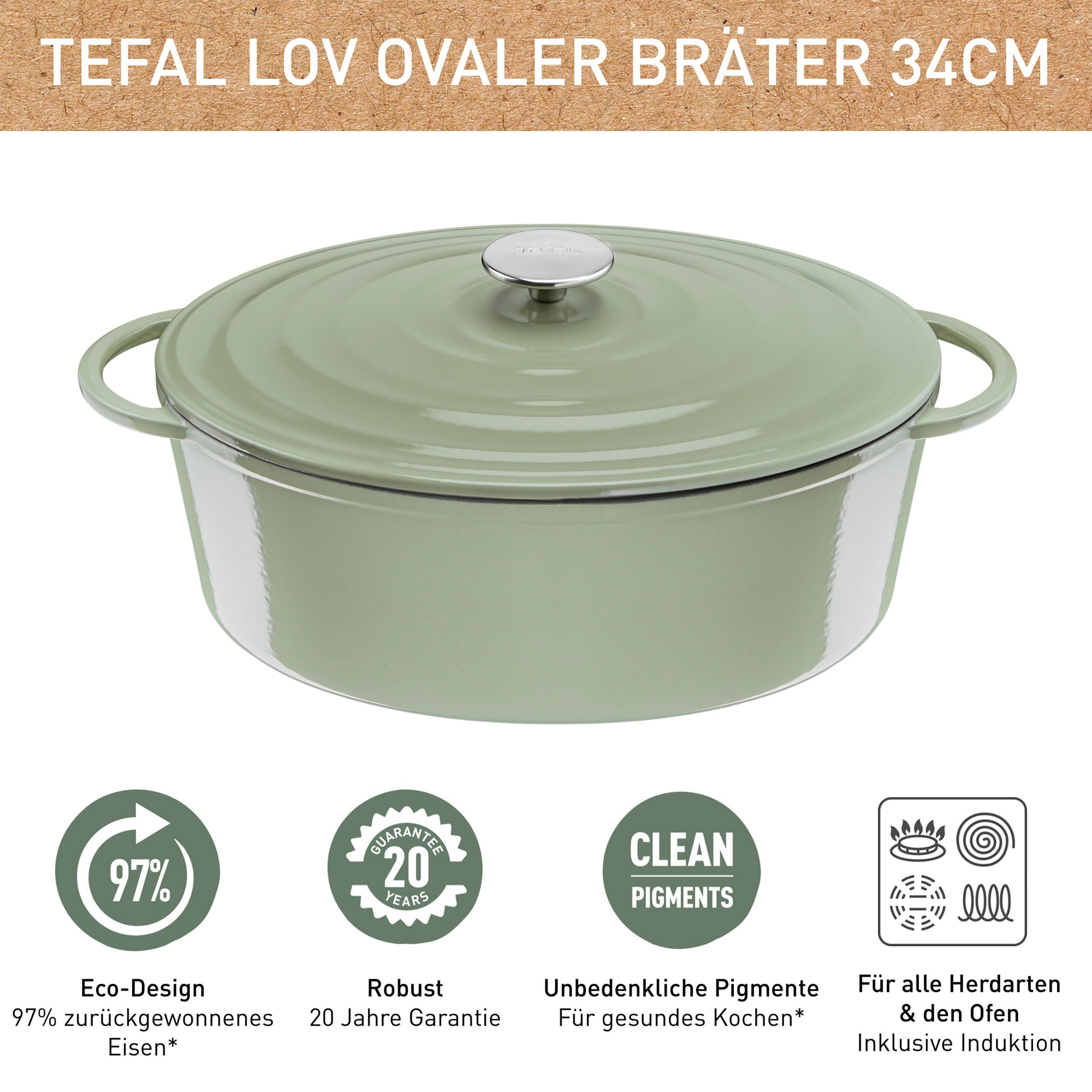 hellgrün Gusseisen oval 34 (1-tlg), Tefal Induktion, Ø cm, E-Book, Bräter inkl. LOV,