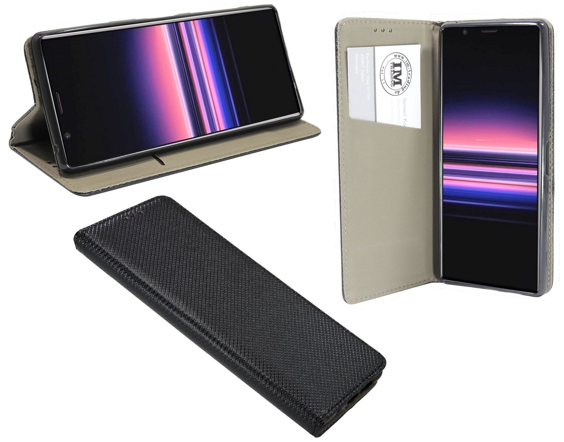 cofi1453 Handyhülle Buch Tasche "Smart", Kunstleder Schutzhülle Handy Wallet Case Cover mit Kartenfächern, Standfunktion Schwarz