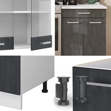 Livinity® Küchenzeile R-Line, Schwarz Beton/Weiß, 200 cm AP Marmor