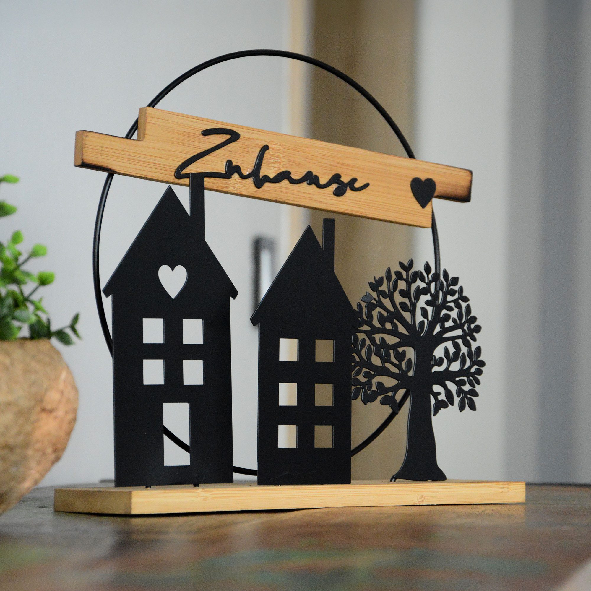 UNUS HOME Dekofigur (schwarz), Aufsteller Zuhause aus Metall und Bambus-Hol günstig online kaufen