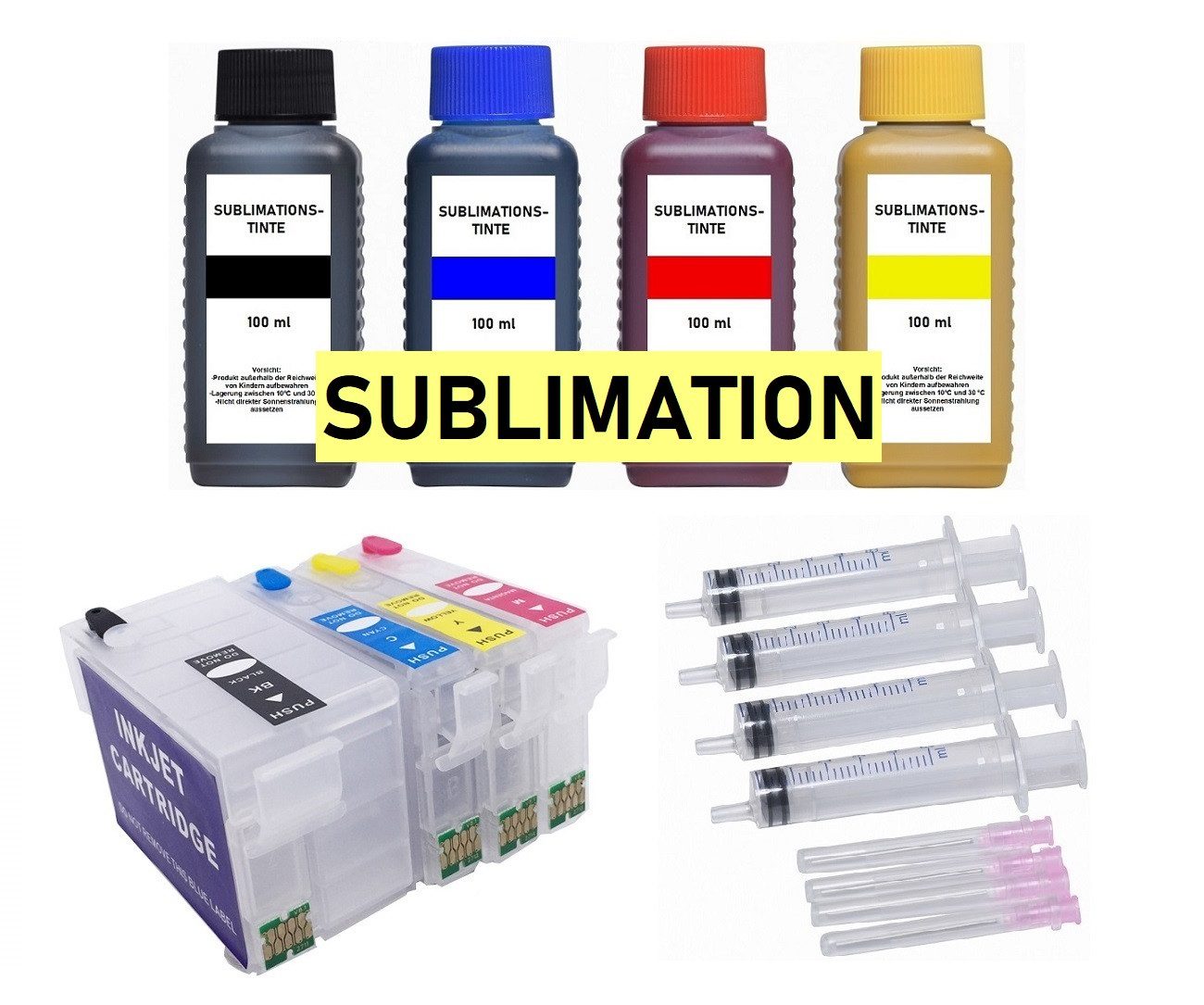 inkpro nachfüllbare Patronen T27 XL mit 4 x 100 ml Sublimationstinte, Tintenpatrone (für Epson WorkForce WF-3620, WF-3640, WF-7110, WF-7210, WF-7610, WF-7615, WF-7620, WF-7710, WF-7715, WF-7720, mit Sublimationstinte schwarz, cyan, magenta, gelb)