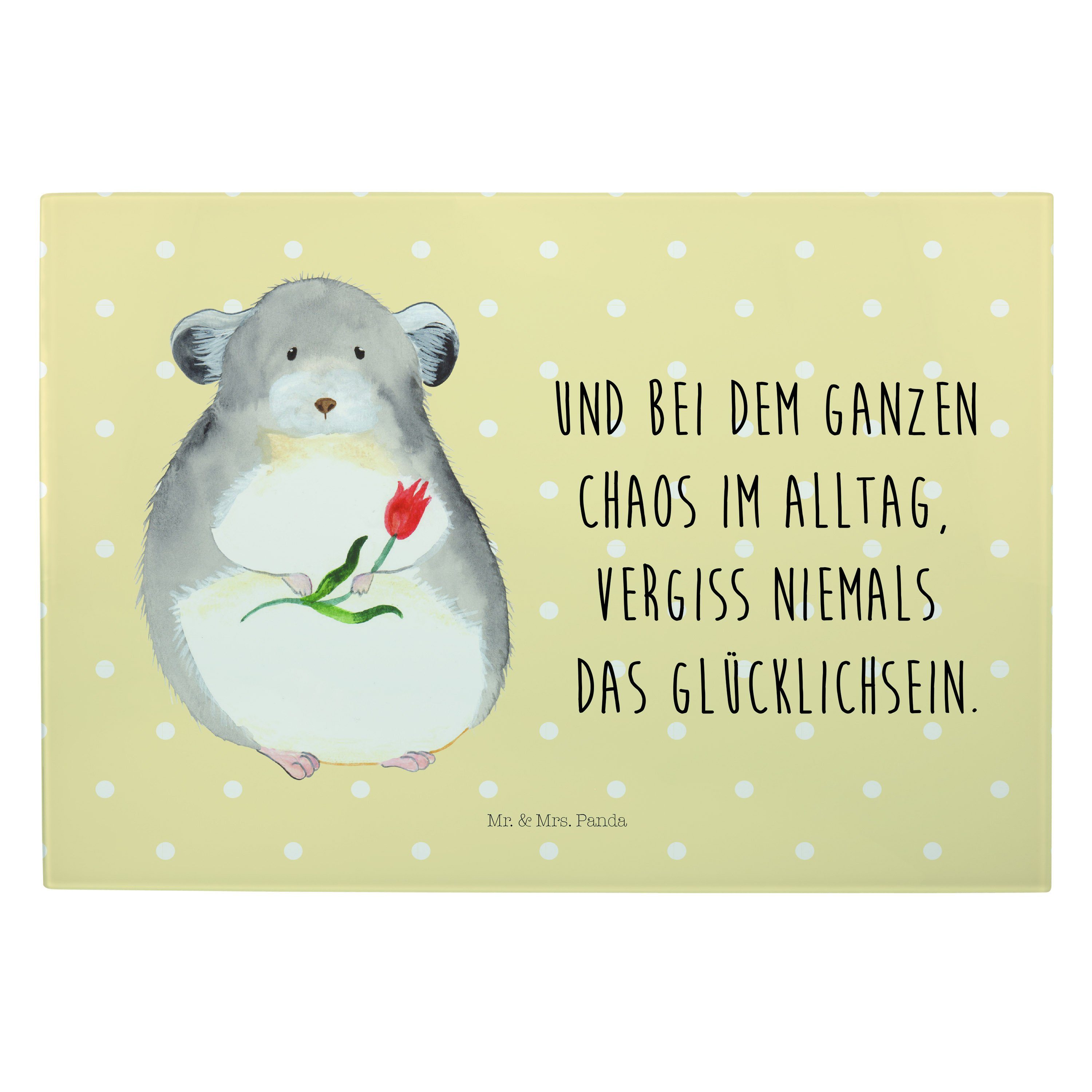 Mr. & Mrs. Panda Servierbrett Chinchilla mit Blume - Gelb Pastell - Geschenk, Gute Laune, Büro, Tie, Premium Glas, (1-St)