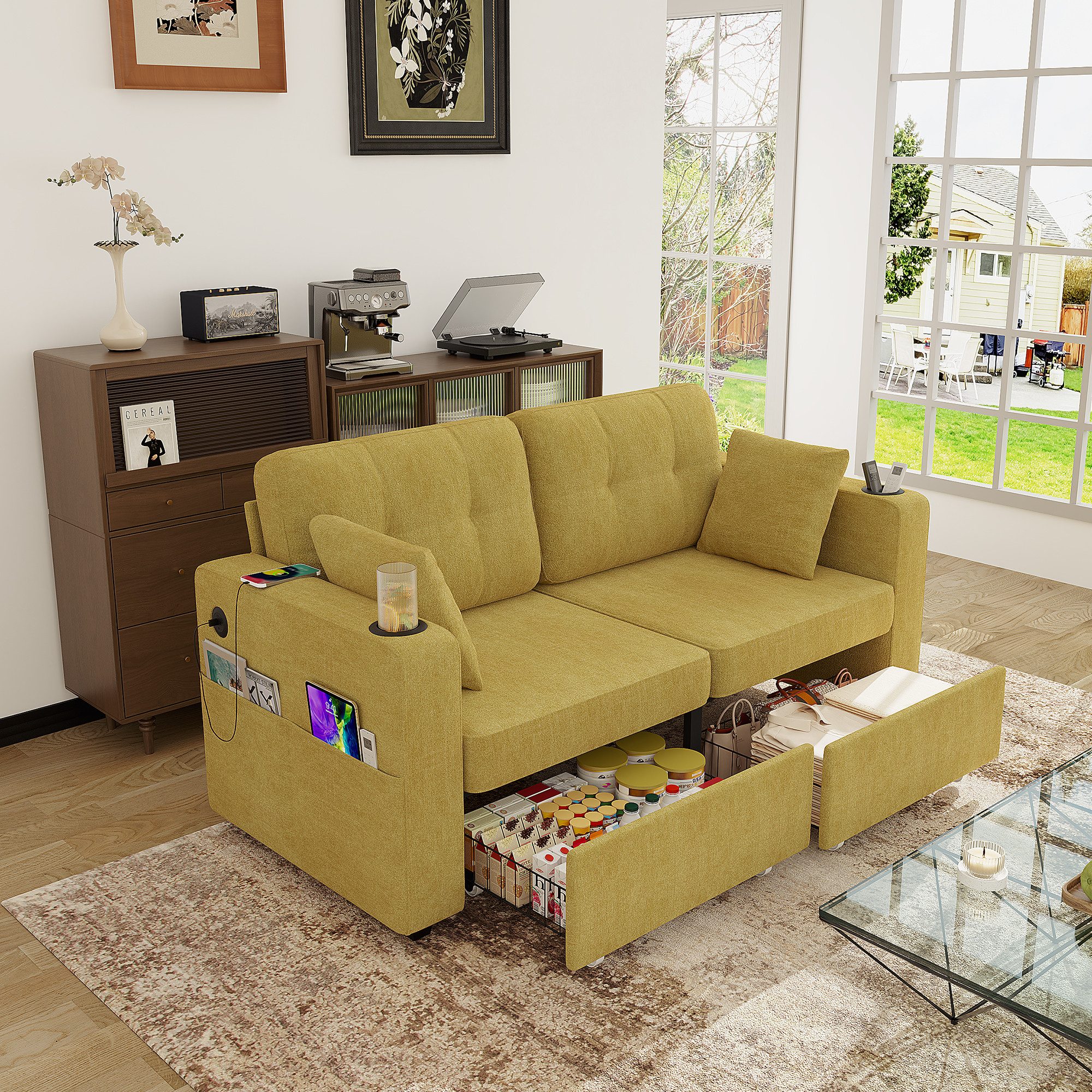 STILVORA Schlafsofa 2-Stizer Sofa mit zwei Schubladen Loungesofa mit Getränkehaltern, 2-Sitzer Sofa mit Stauraum, USB-Anschlüsse, Getränkehalter, versteckter Stauraum, kompakt