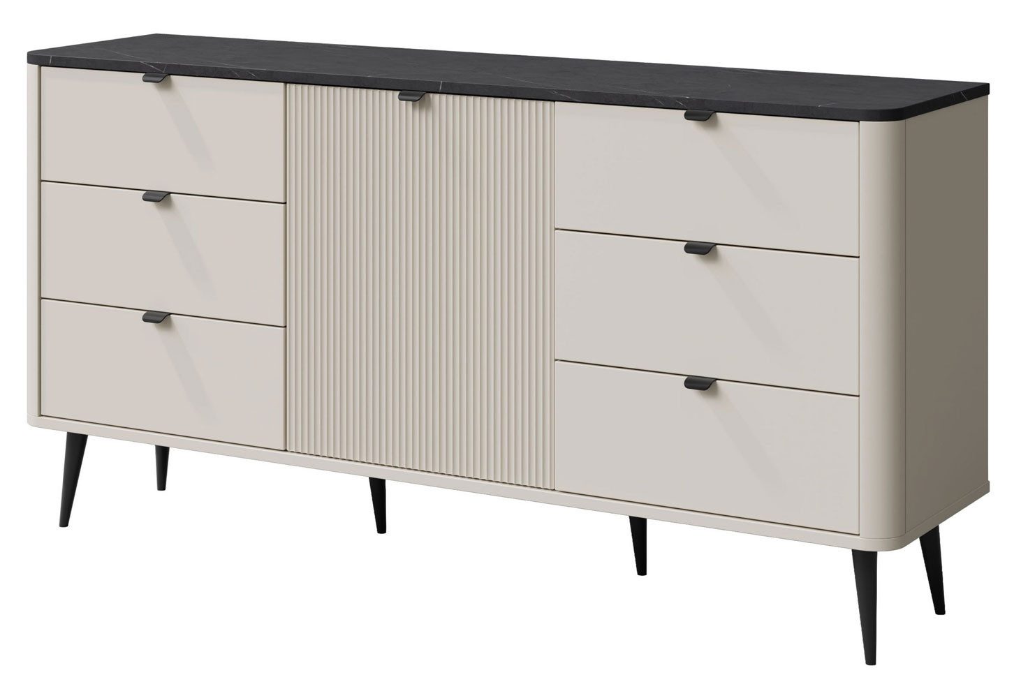 Feldmann-Wohnen Kombikommode Marly (1 Drehtür, 1 Einlegeböden, 6 Schubladen, 1 St., moderne Optik, abgerundeter Korpus, Zugengriffe aus Metall), 160x40x82cm Kaschmir / Graustein