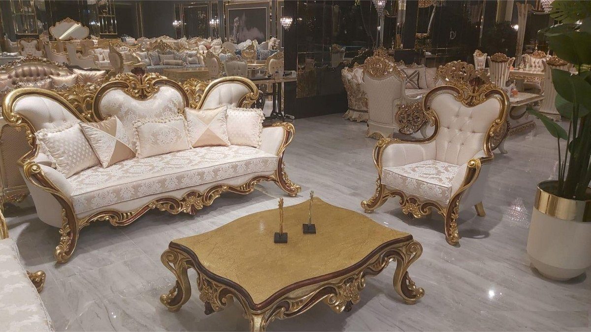 Möbel Sessel mit Sessel Barock Braun Luxus - Barock - Handgefertigte Muster Casa Padrino Prunkvoller Sessel Wohnzimmer Wohnzimmer Cremefarben / / Gold