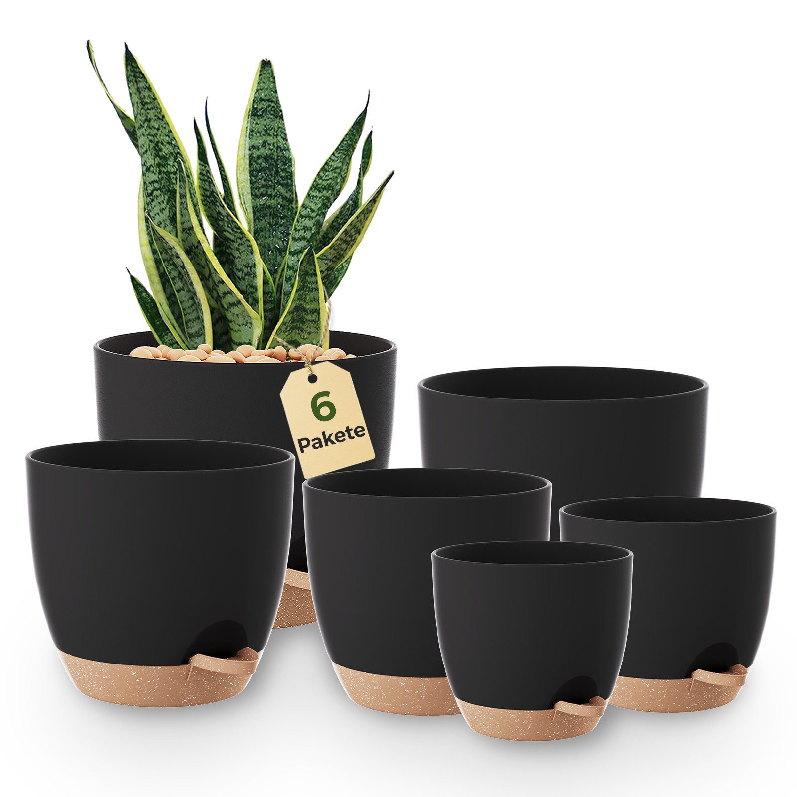 Bamworld Blumentopf 6er-Set Zimmerpflanzen-Topfregal mit Bewässerung, mit Abflussloch (6 St), Kunststoff, Schwarz