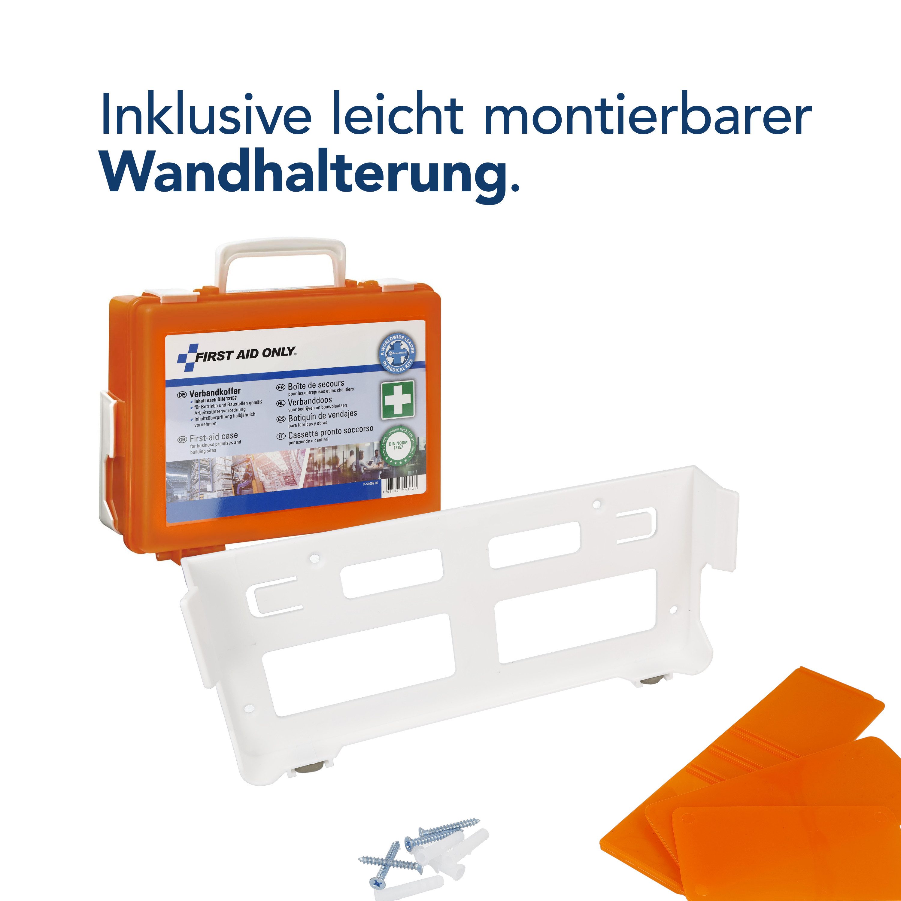 FIRST AID ONLY® Erste-Hilfe-Koffer Erste Hilfe Koffer DIN 13157 mit Wandhalterung, kompakt, Inkl. Tragegriff & Montagematerial