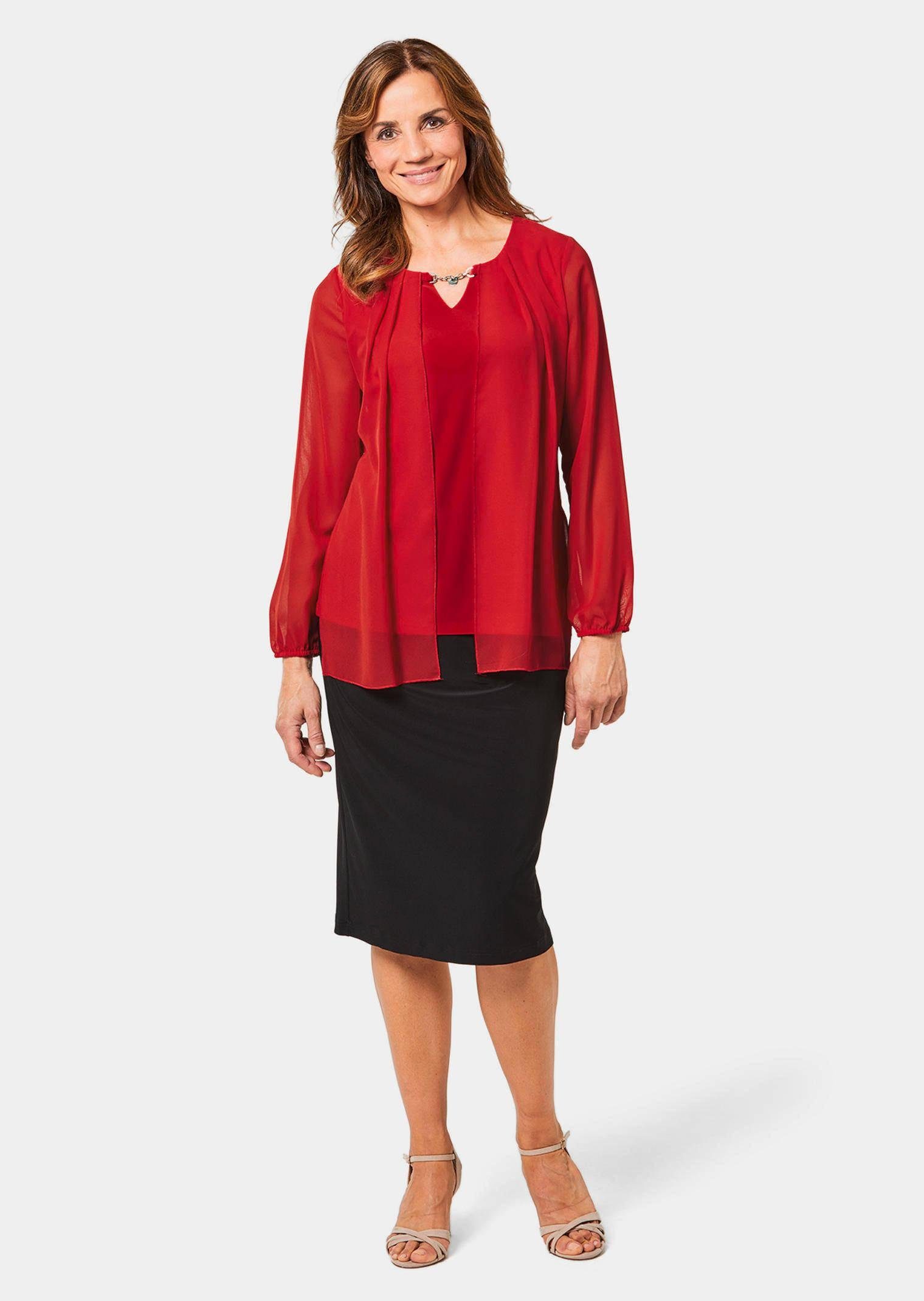 GOLDNER Klassische Bluse Festbluse mit Kettenverzierung Jerseybluse mit zartem Chiffon, Rundhals mit V-Ausschnitt und Langarm