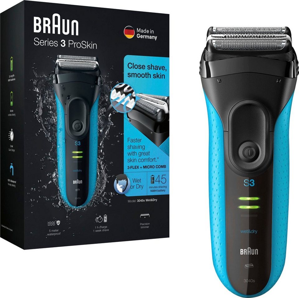 Braun Elektrorasierer Series 3 ProSkin 3040s, Präzisionstrimmer, Wet&Dry,  Robuster kabelloser Rasierapparat, wasserdicht bis zu 5 Meter