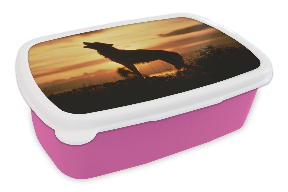 MuchoWow Lunchbox Wolf - Scherenschnitt - Raubtier, Kunststoff, (2-tlg), Brotbox für Erwachsene, Brotdose Kinder, Snackbox, Mädchen, Kunststoff rosa