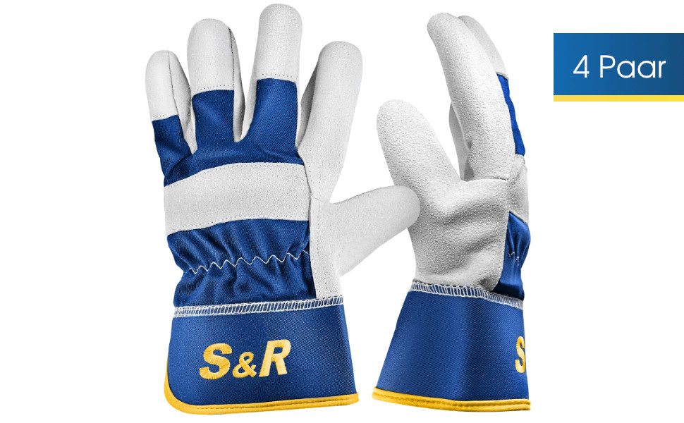S&R Leder-Arbeitshandschuhe 4 Paar, Размер XL/10, Bau- und Gartenhandschuhe flexibles Echtleder (Set, 8-St., 4 Paar XL / 10) Schutz-Handschuh für Metall- und Forstarbeiten, Handwerk