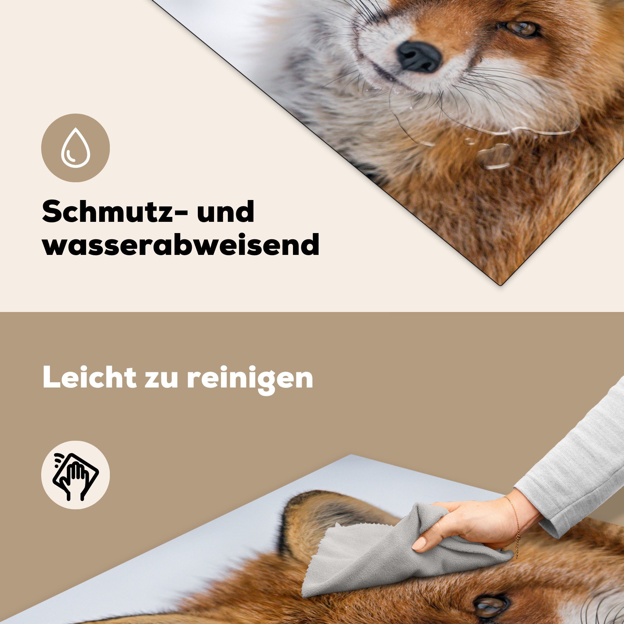 MuchoWow Herdblende-/Abdeckplatte Fuchs - Porträt Schnee, für tlg), (1 - Arbeitsplatte Vinyl, 78x78 küche Ceranfeldabdeckung, cm