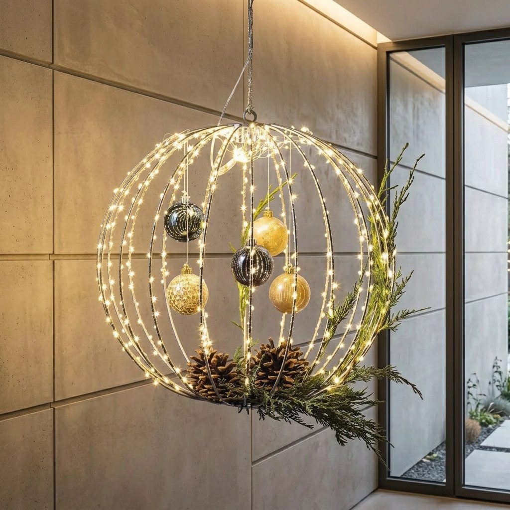 Home-trends24.de LED Kugelleuchte LED Kugel Groß Weihnachten Silber Warmweiß Kugelleuchte Deko, LED fest integriert