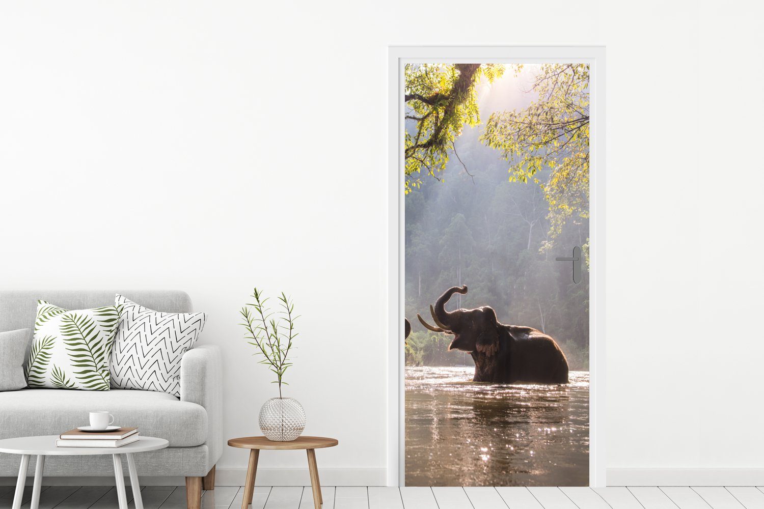 cm Elefant Matt, 75x205 Tür, Türtapete - Bäume MuchoWow (1 für Tiere Wasser Türaufkleber, - St), Sonne, bedruckt, - - Fototapete