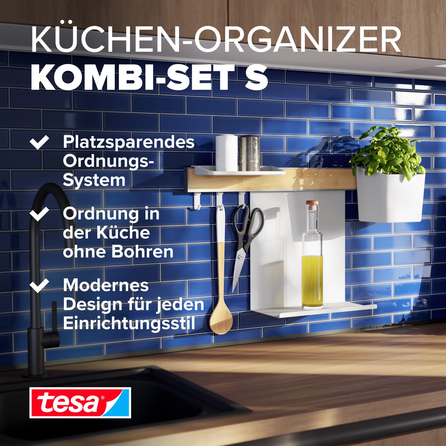 tesa Hakenleiste tesa Küchen-Organizer Kombi-Set S - selbstklebende Küchenleiste, (Komplett-Set, 5 St., inkl. Kräutertopf, 2 Ablagen, Hakenleiste (3 Haken), Flexible Organisationsleiste für die Küche, Montage ohne Bohren