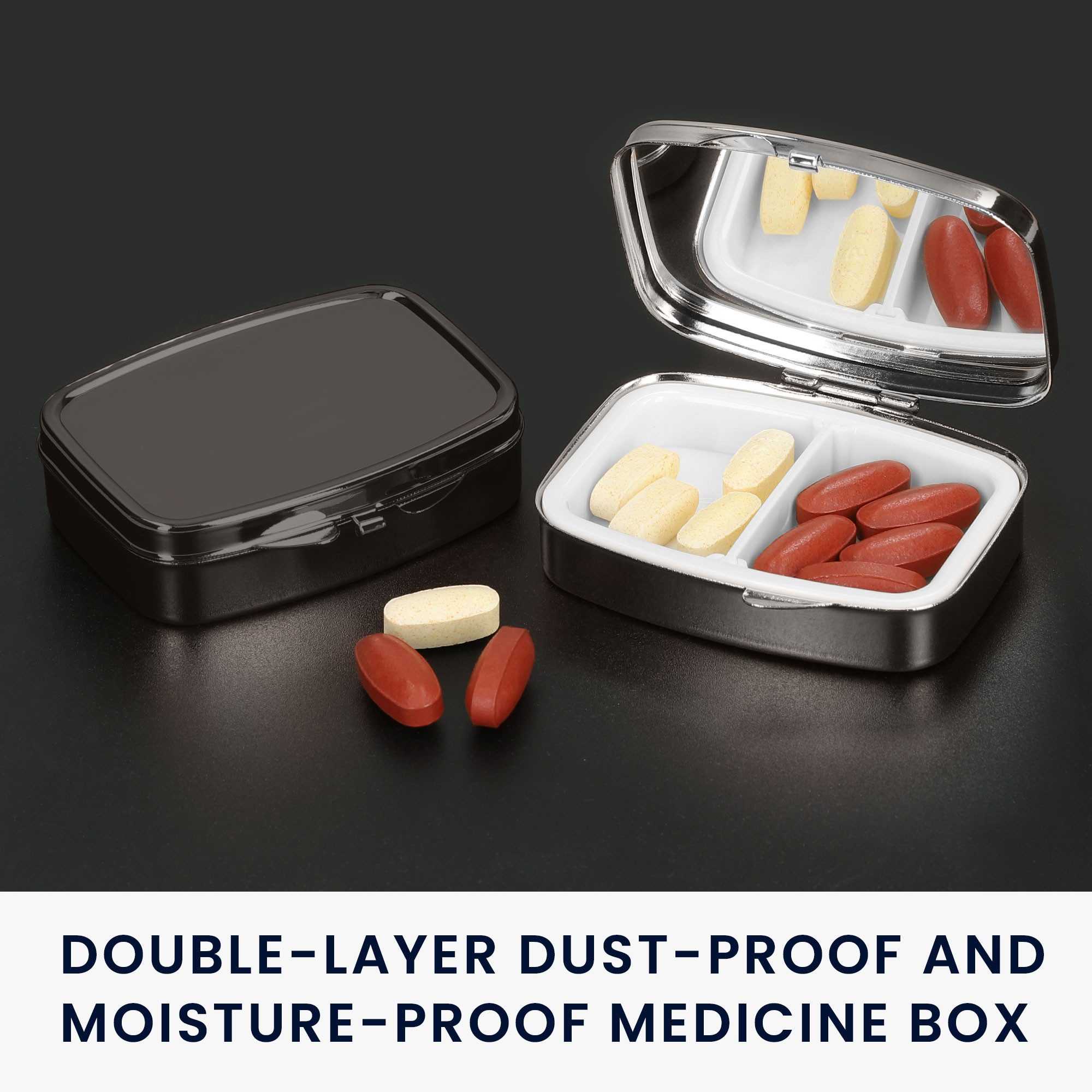 kwmobile Pillendose 2x Edelstahl Tablettenbox mit 2 Fächern - 5,5 x 4 x 1,5cm (2 St), Pillendose klein Tablettendose Tragbare Pillenbox Medikamentenbox Dose