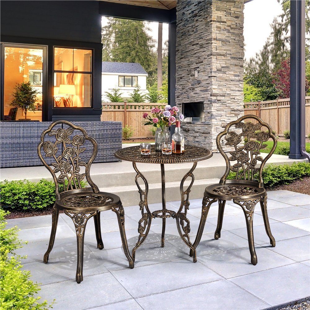 Yaheetech Balkonset aus 2 Stühlen & 1 Balkontisch mit Schirmloch, 3-teiliges Gartenmöbel-Set aus Aluminiumguss für 2 Personen