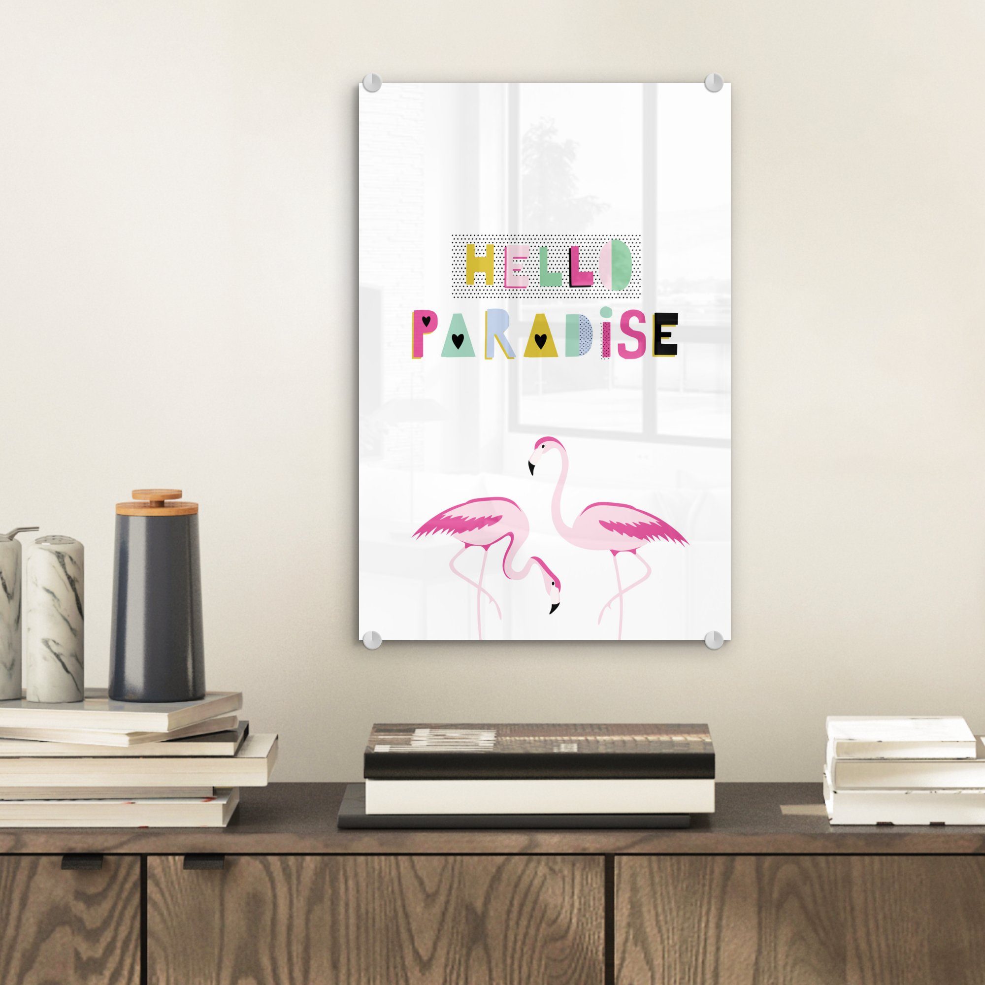 MuchoWow Acrylglasbild Flamingo - Paradies Bilder St), Glas Sommer, Glas auf (1 - Foto Glasbilder auf Wandbild - Wanddekoration - 