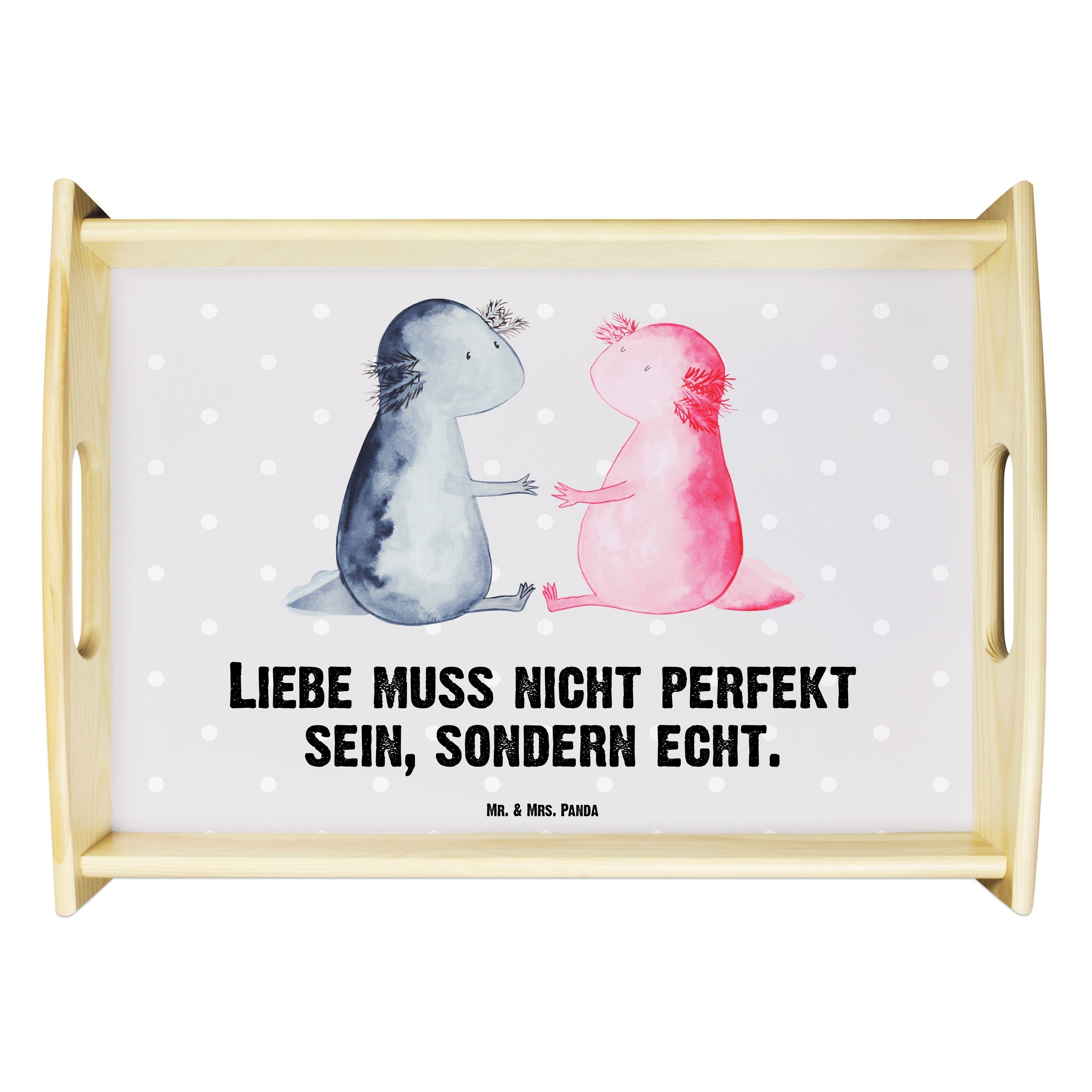 Mr. & Mrs. Panda Tablett Axolotl Liebe - Grau Pastell - Geschenk, Molch, Frühstückstablett, Sc, Echtholz lasiert, (1-tlg)