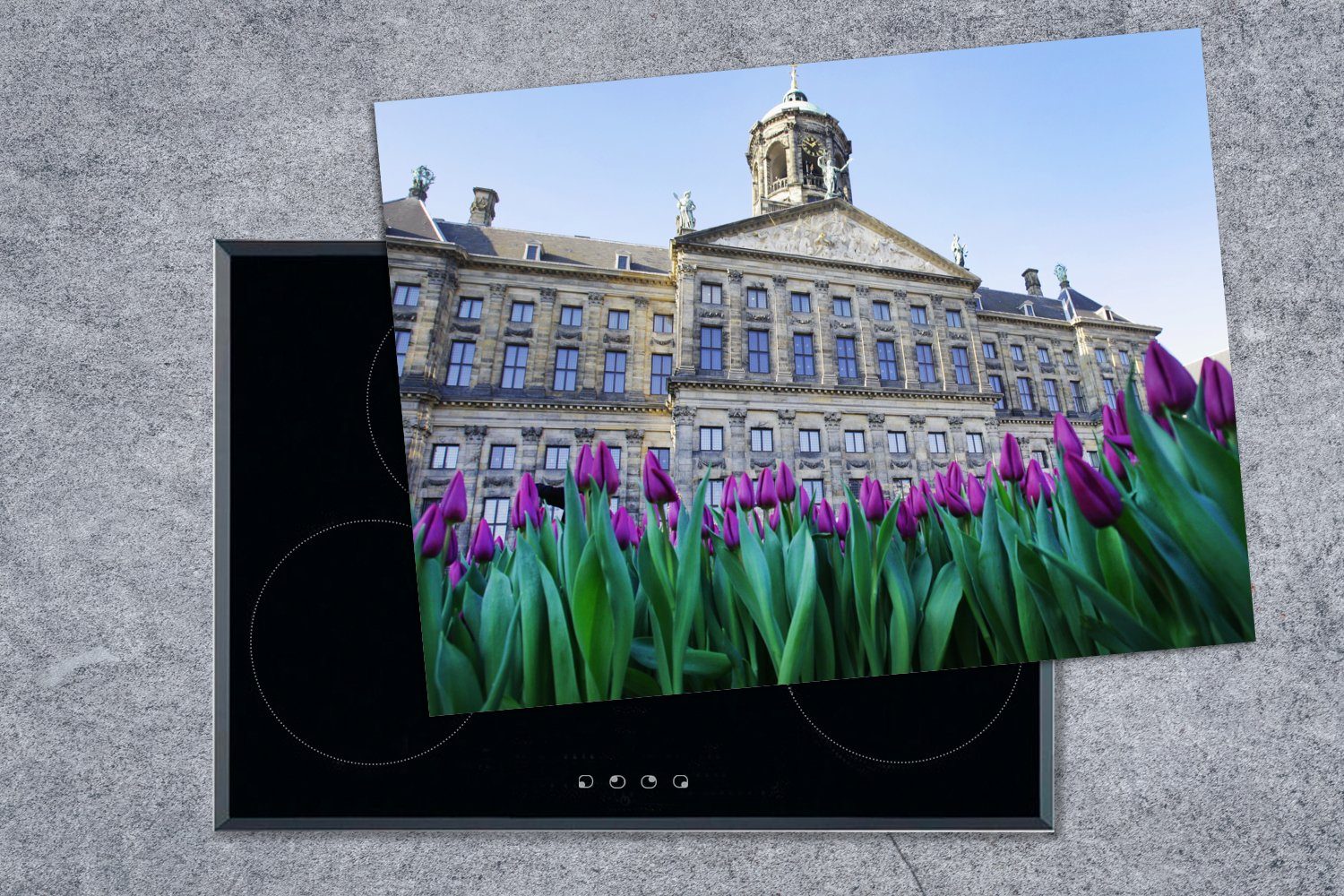 Amsterdam, MuchoWow Lila cm, Vinyl, (1 Palast Königlichen Arbeitsfläche Ceranfeldabdeckung nutzbar, in wachsen vor Mobile dem Tulpen Herdblende-/Abdeckplatte tlg), 70x52