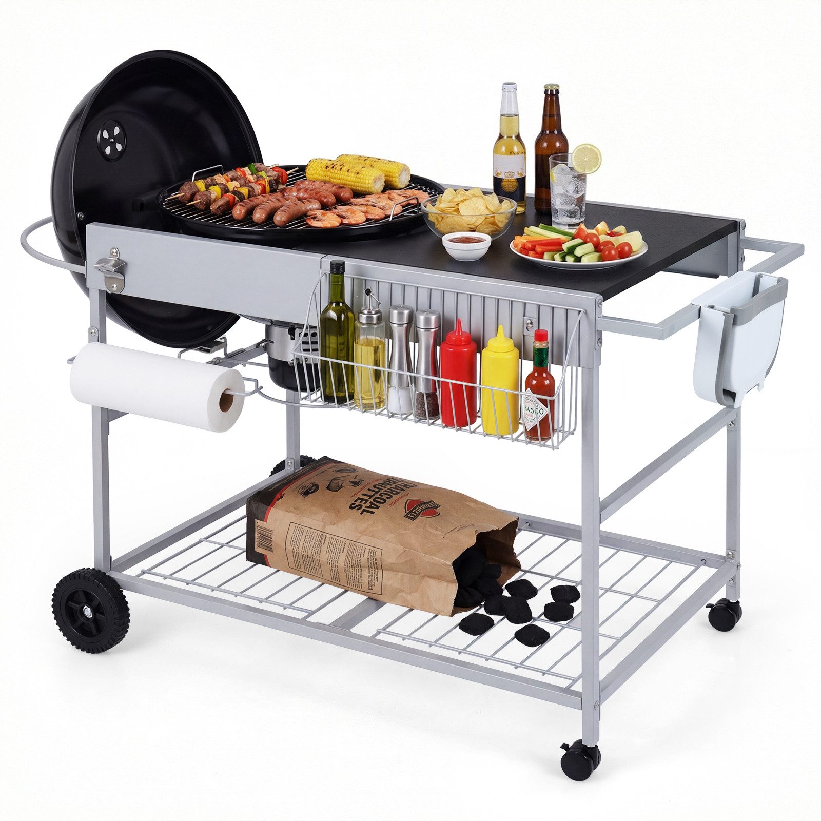 COSTWAY Grillablagetisch, Grillwagen Outdoor, Grilltisch mit 4 Rollen