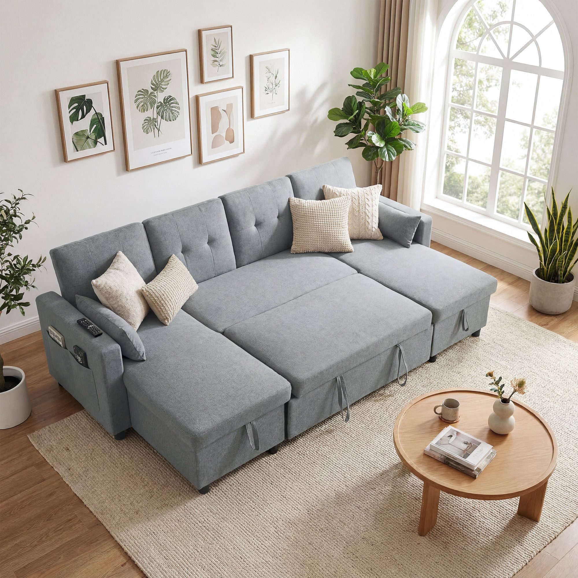 HOMCOM Ecksofa Ausziehbares Schlafsofa Schlafcouch mit Kissen, Eckcouch 1 Teile, 3-fach verstellbare Rückenlehne, Bettkasten, Schlafsofa