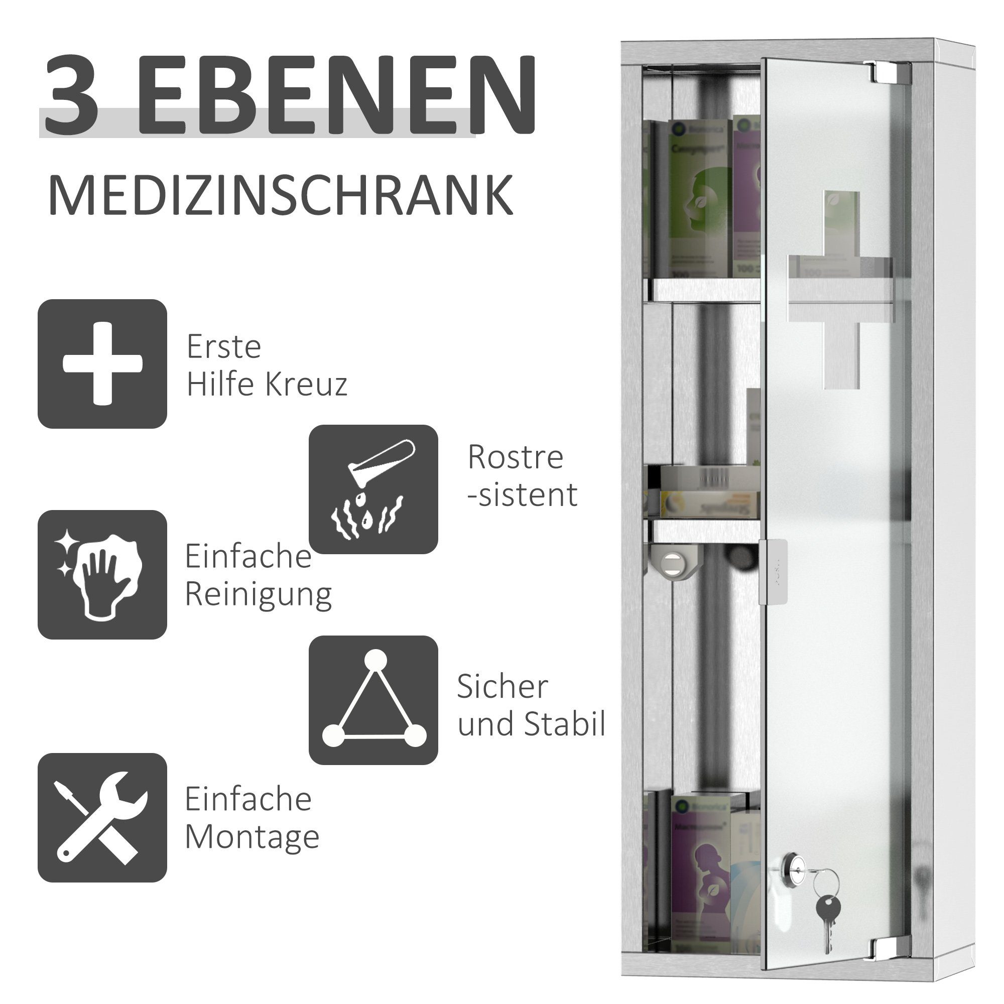 cm (Set, Erste-Hilfe-Schrank) Medizinschrank 20 58 x 1-St., Kleankin x 12 Silber
