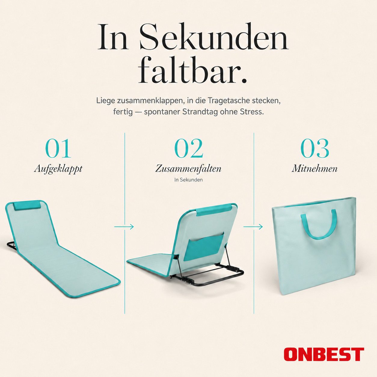 Onbest Campingliege Strandliege klappbar mit Nackenkissen Tragetasche, Stahlgestell, verstellbare Rückenlehne