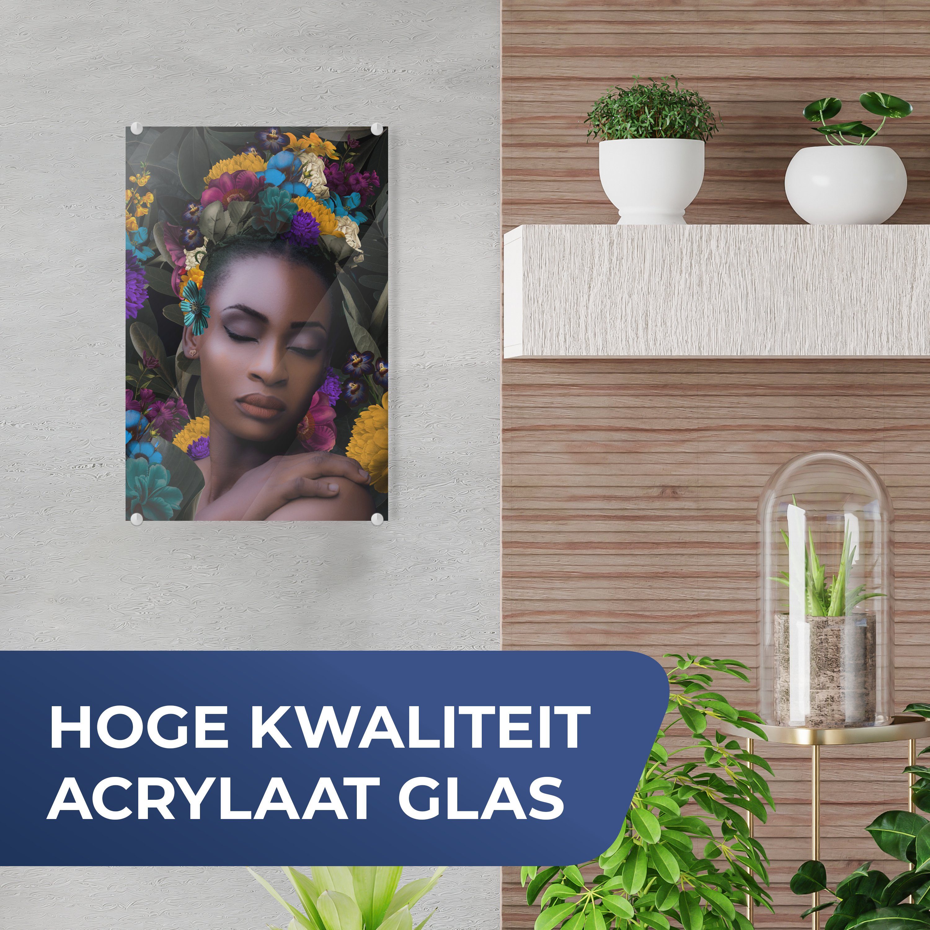 MuchoWow Acrylglasbild Blätter - Foto auf St), Glasbilder Glas - - (1 Glas Frau Wandbild Wanddekoration Blumen, auf Bilder - 