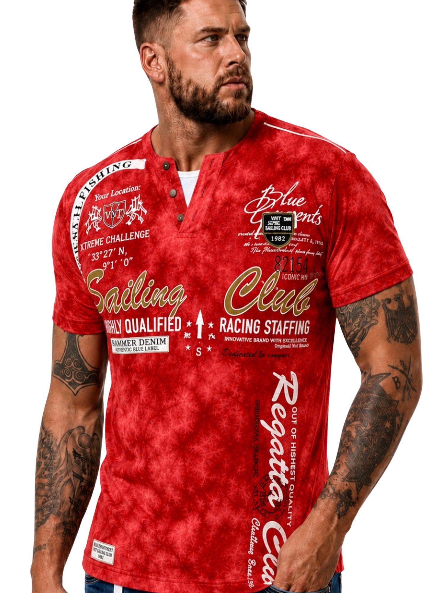 L.gonline Kurzarmshirt Herren T-Shirt, Sommershirt, Batik Optik, 2879 Rot XXL (Shirt Kurzarmshirt Tee, 1-tlg) Fitness Freizeit Casual