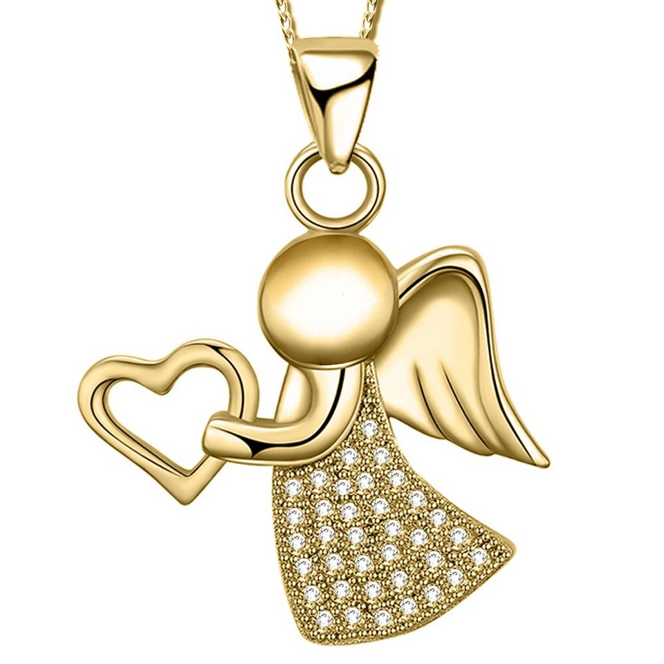 Limana Kette mit Anhänger echt 925 Sterling Silber Gold Engelkette,  Schutzengel Engel Herz Liebe Halskette Herzkette Frauen Mädchen Kinderkette