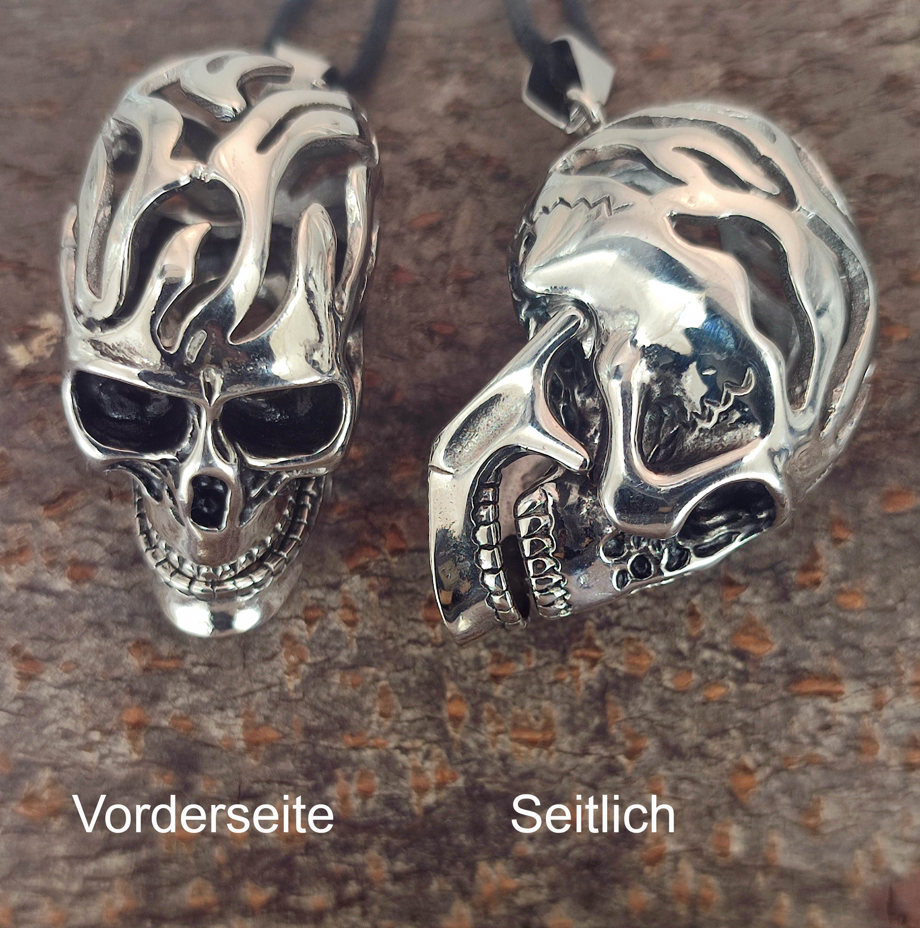 Skull Edelstahl Totenkopf Anhänger dreidimensional XL of Schädel Flammen Leather Kettenanhänger Kiss