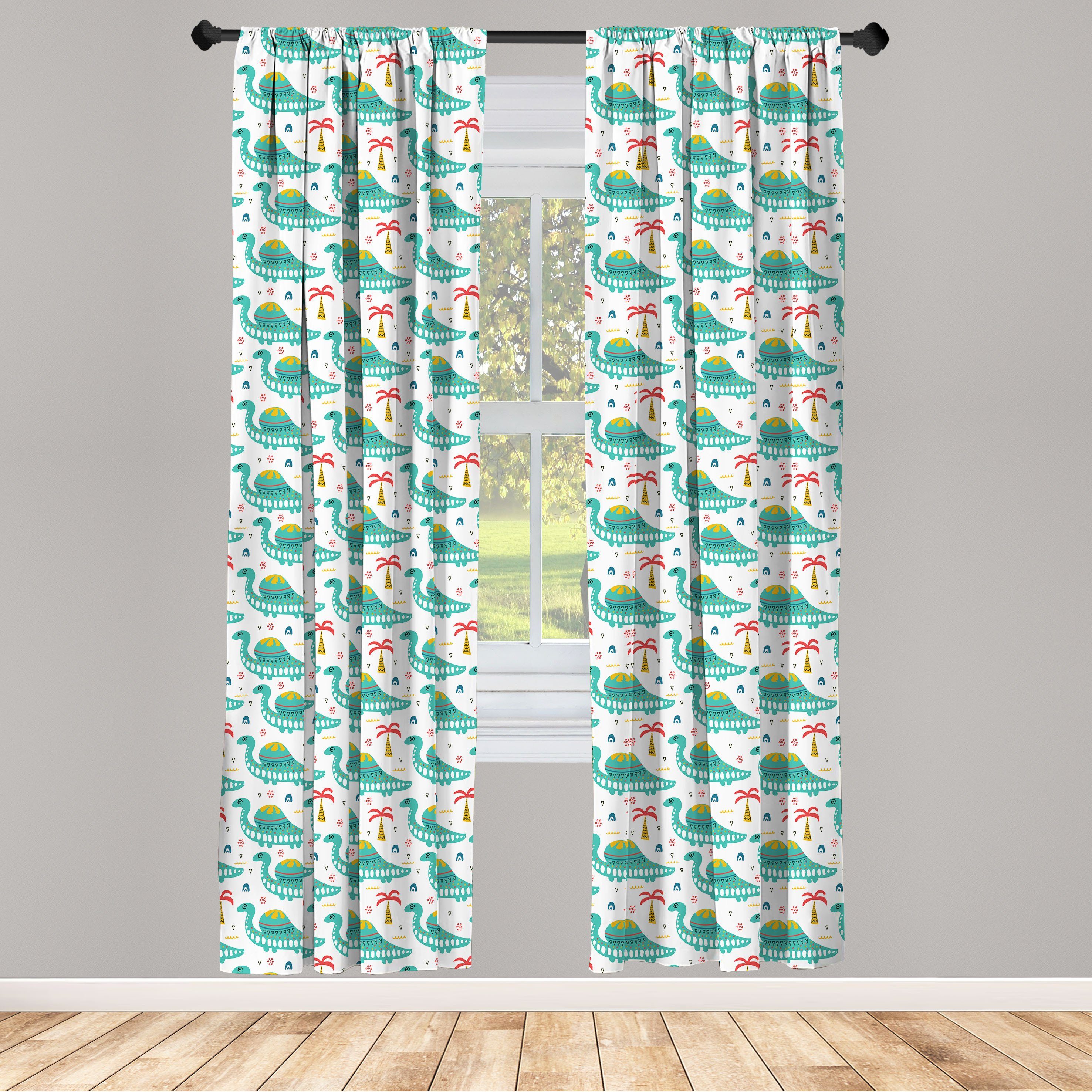 Gardine Vorhang für Wohnzimmer Schlafzimmer Dekor, Abakuhaus, Microfaser, Dino Cartoon von Tier- und Palmen