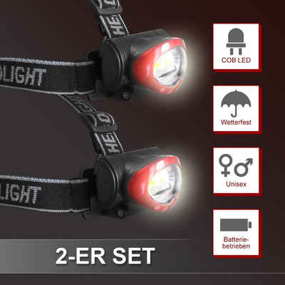 EAXUS LED Stirnlampe Kopflampe Dimmbar, Neigbar und Größenverstellbar (1er/2er Set, 2-St), Kopfleuchte Spritzwassergeschützt, flexibles Kopfband