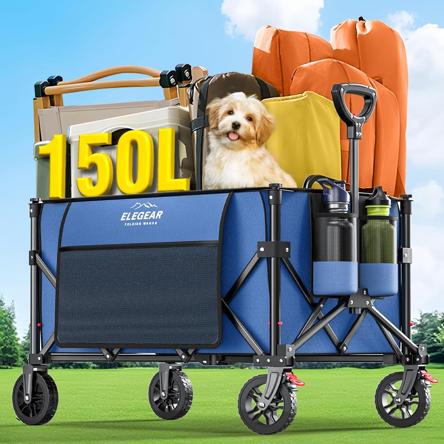 Elegear Bollerwagen Leichter Faltbollerwagen 150L Bollerwagen Ultrakompakte Klappbarer (2-tlg), Handwagen/Transportwagen mit verstellbarem Griff für Einkauf, Camping