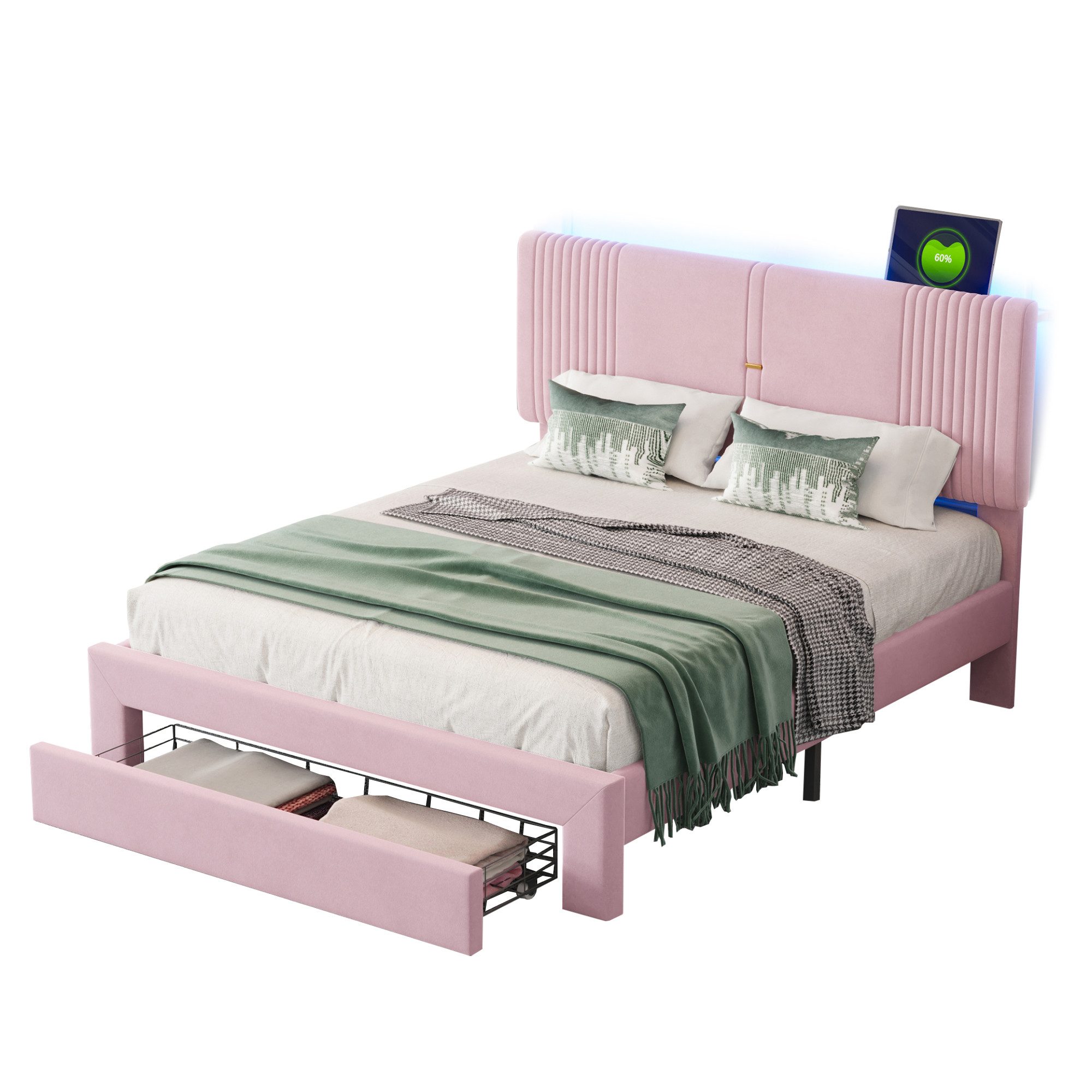 REDOM Polsterbett mit Lichtleiste und USB-Buchse,Doppelbett günstig online kaufen