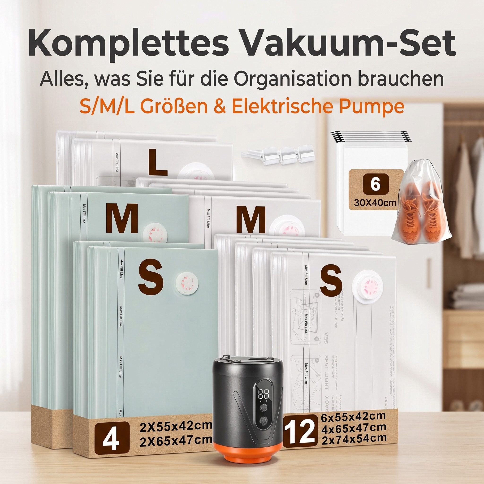 AIMAX Aufbewahrungstasche Vakuumbeutel mit Pumpe 16er Set für Kleidung und Reisen