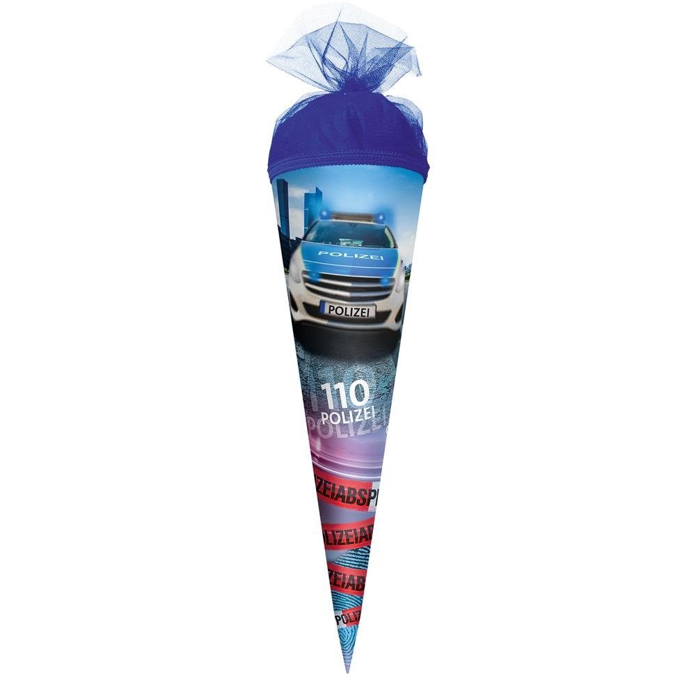 Roth Schultüte Polizei 110, 35 cm, rund, mit blauem Tüllverschluss, Zuckertüte für Schulanfang