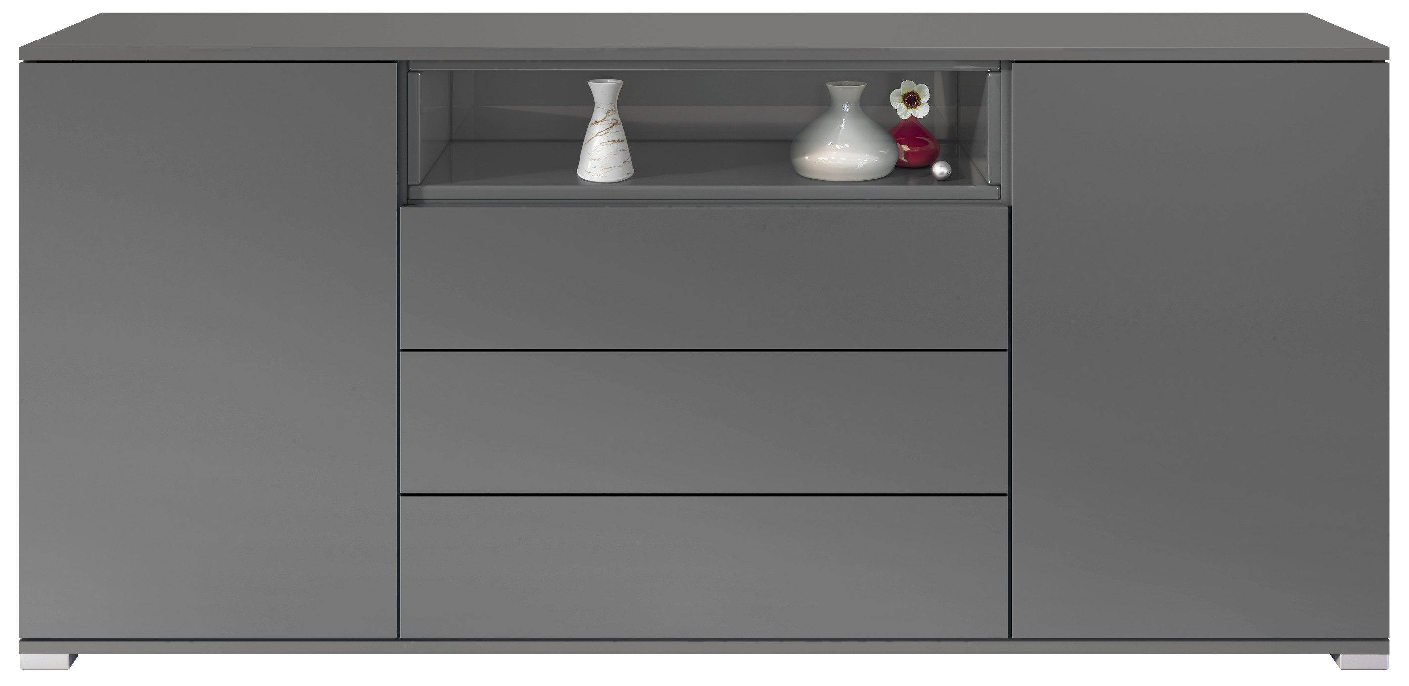 Vladon Sideboard Skadu V4 (Kommode, mit 2 Türen, 3 Schubladen und 1 offenem Fach), Anthrazit matt/Grau Hochglanz (166,5 x 75,5 x 35 cm)