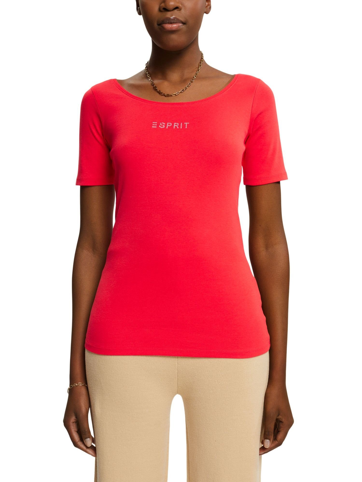 T-Shirt mit aus Esprit Glitzersteinchen (1-tlg) T-Shirt RED Logo