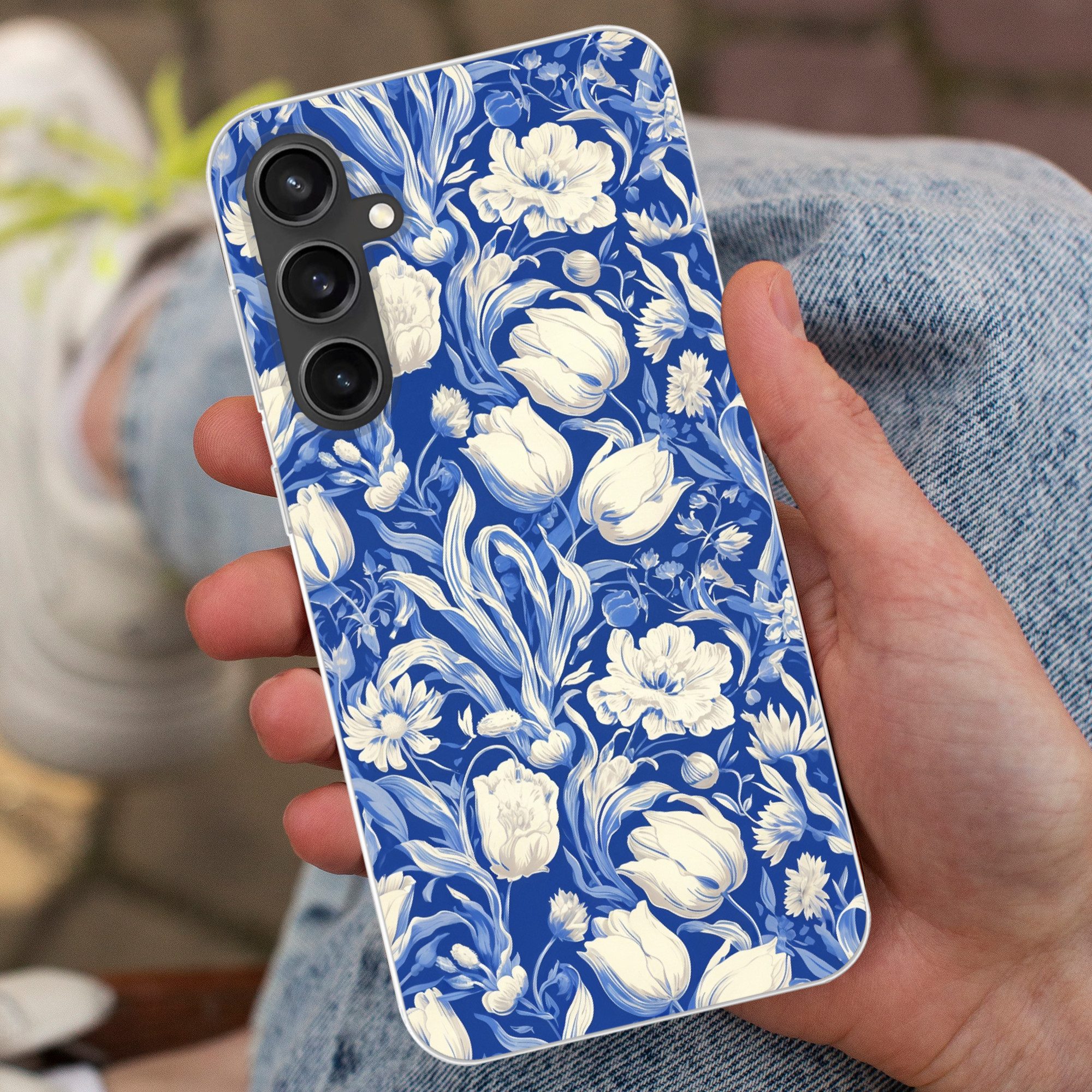 MuchoWow Handyhülle für Samsung Galaxy S23 FE Blumen - Delfter Blau - Muster - Tulpe