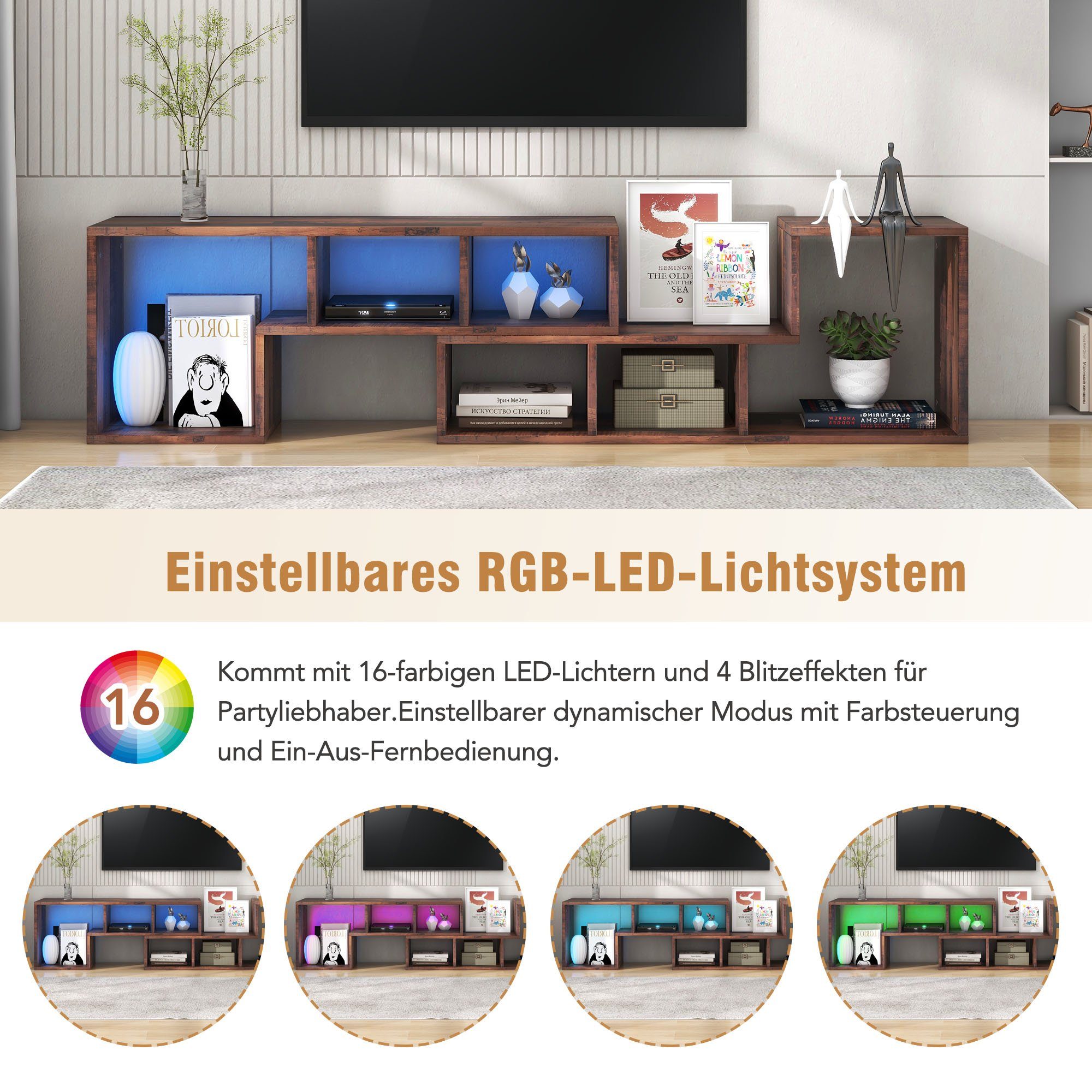 TV-Ständer Lowboard,verstellbar Bücherregal, LED-Beleuchtung mit REDOM TV-Schrank