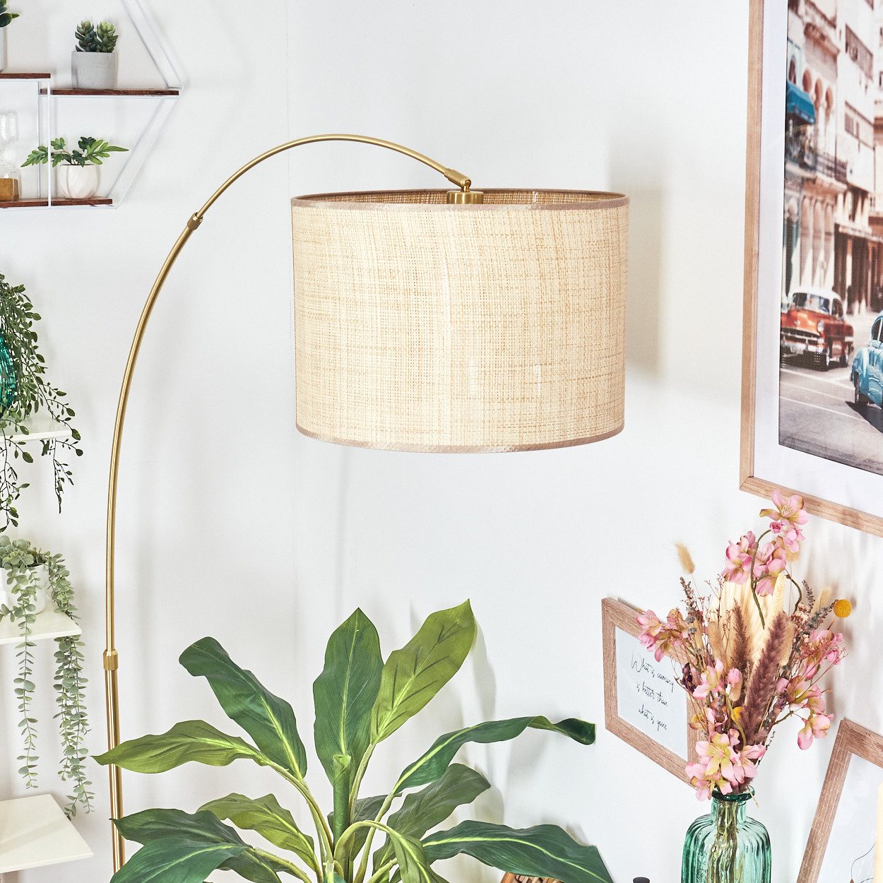 hofstein Bogenlampe Stehlampe Metall/Papiergeflecht/Stoff in Schwarz/Messing/Natur/Braun, Stehleuchte im Boho-Design mit Marmorfuß u. Fußschalter (40 cm), E27