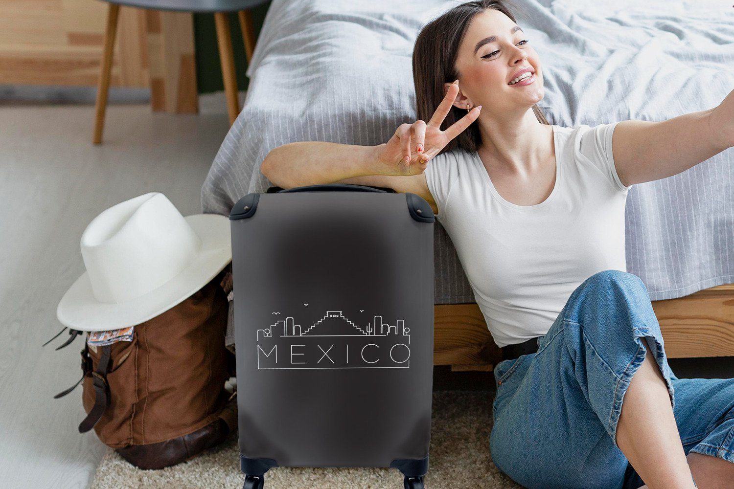 MuchoWow Handgepäckkoffer Stadtbild "Mexiko" mit mit Reisekoffer Reisetasche Trolley, schwarzem 4 rollen, Hintergrund, Rollen, für Ferien, Handgepäck
