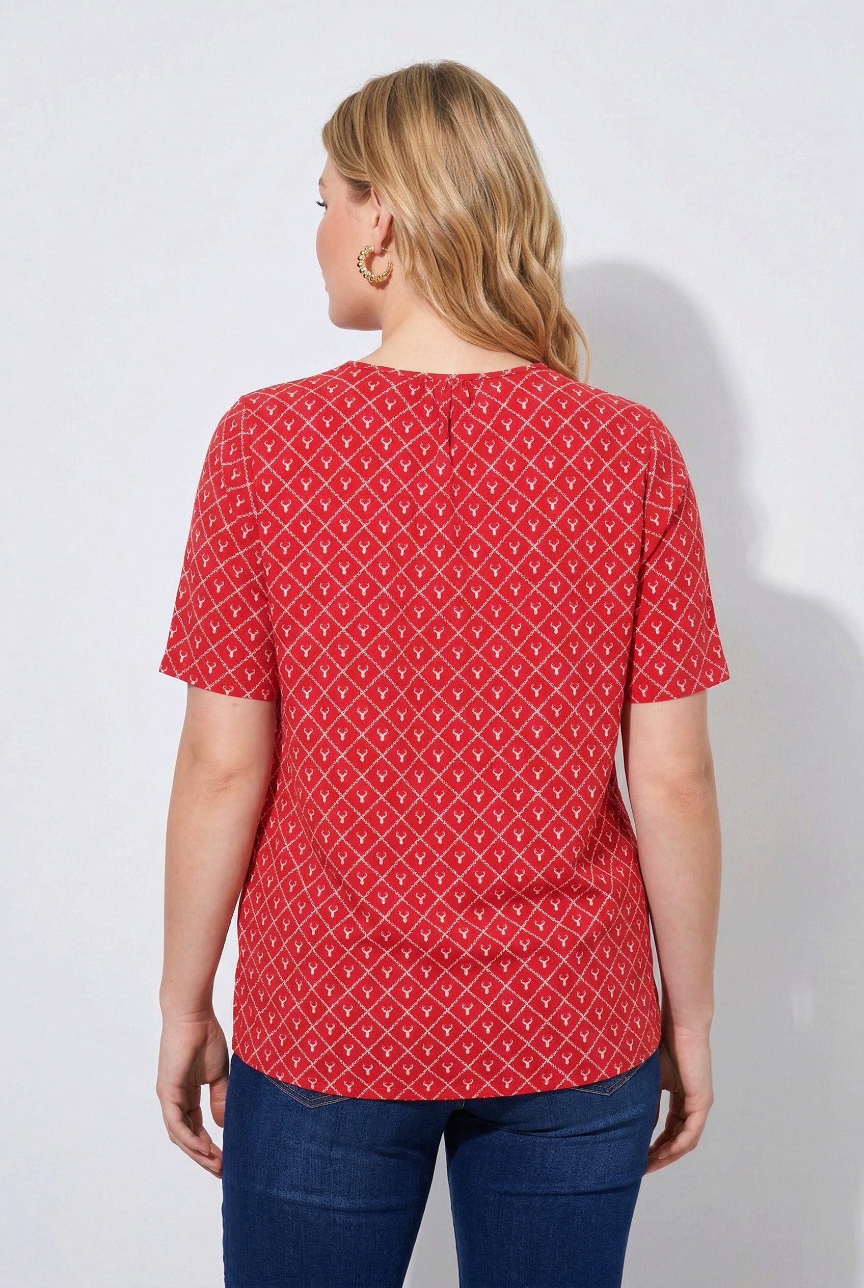 Ulla Popken T-Shirt T-Shirt Hirschgeweih A-Linie V-Ausschnitt Halbarm
